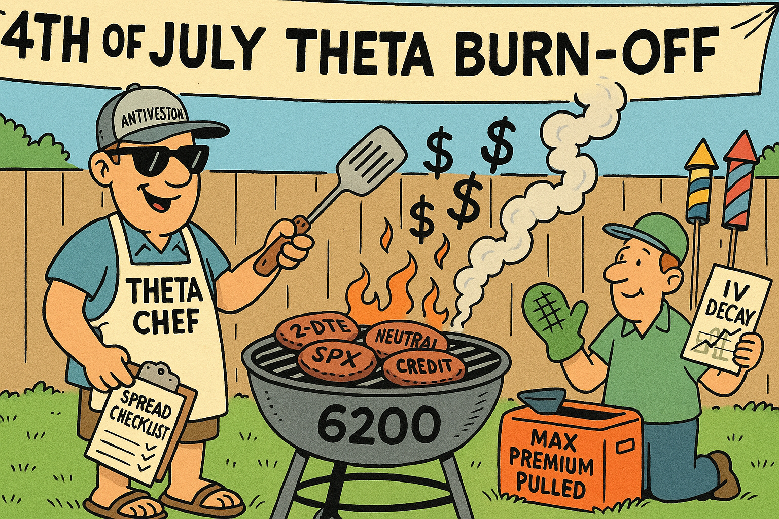Trader flips option spreads on grill while theta burns like smoke.