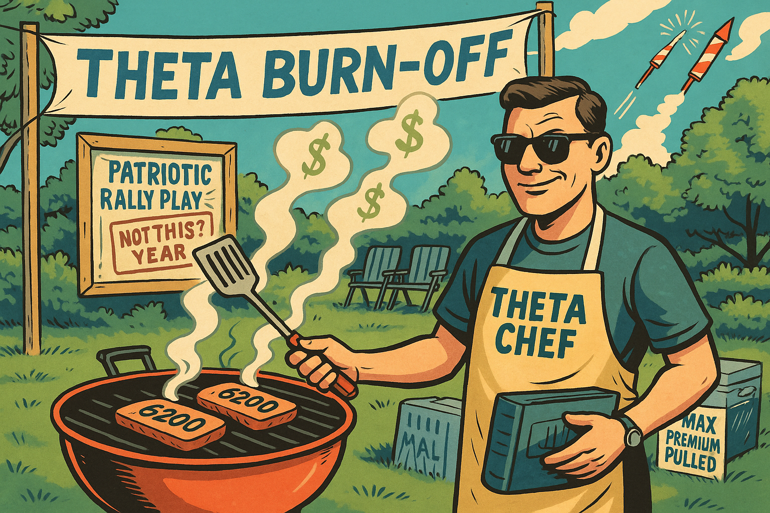 Cartoon trader flips spreads over grill with SPX held near 6200.