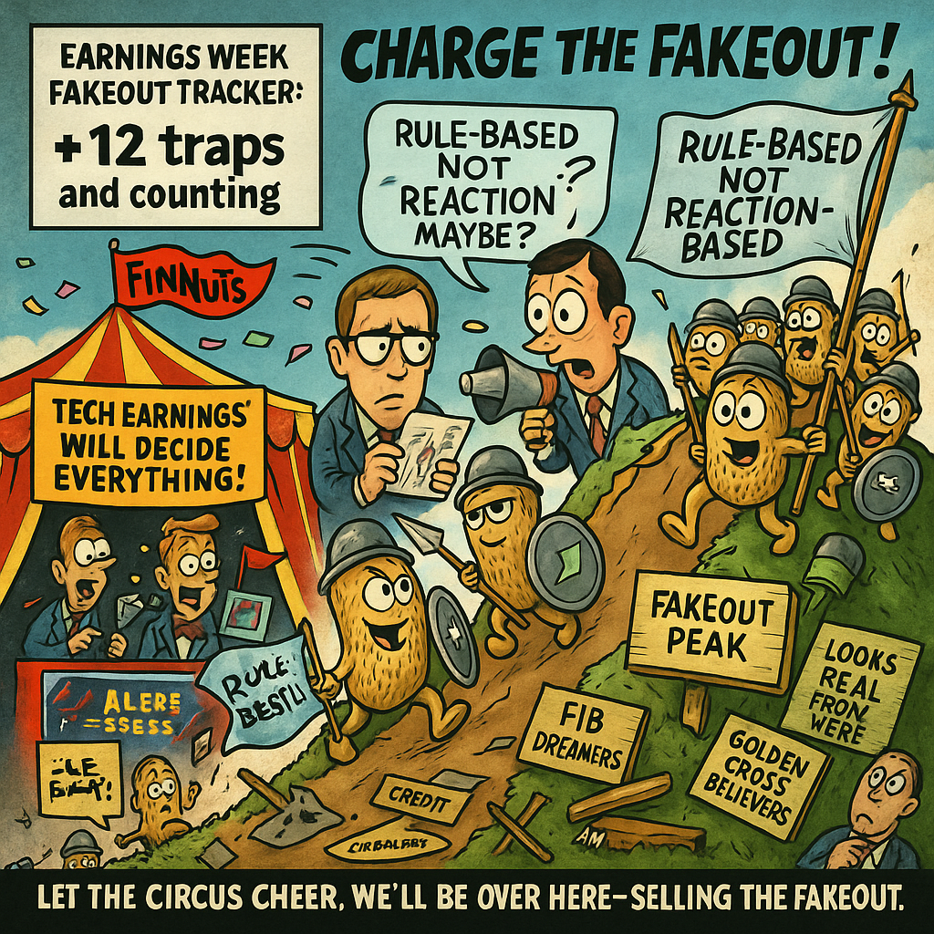 Cartoon Peanut-Minions holding SPX premium shields, storming a fakeout breakout setup while CNBC anchors throw bananas