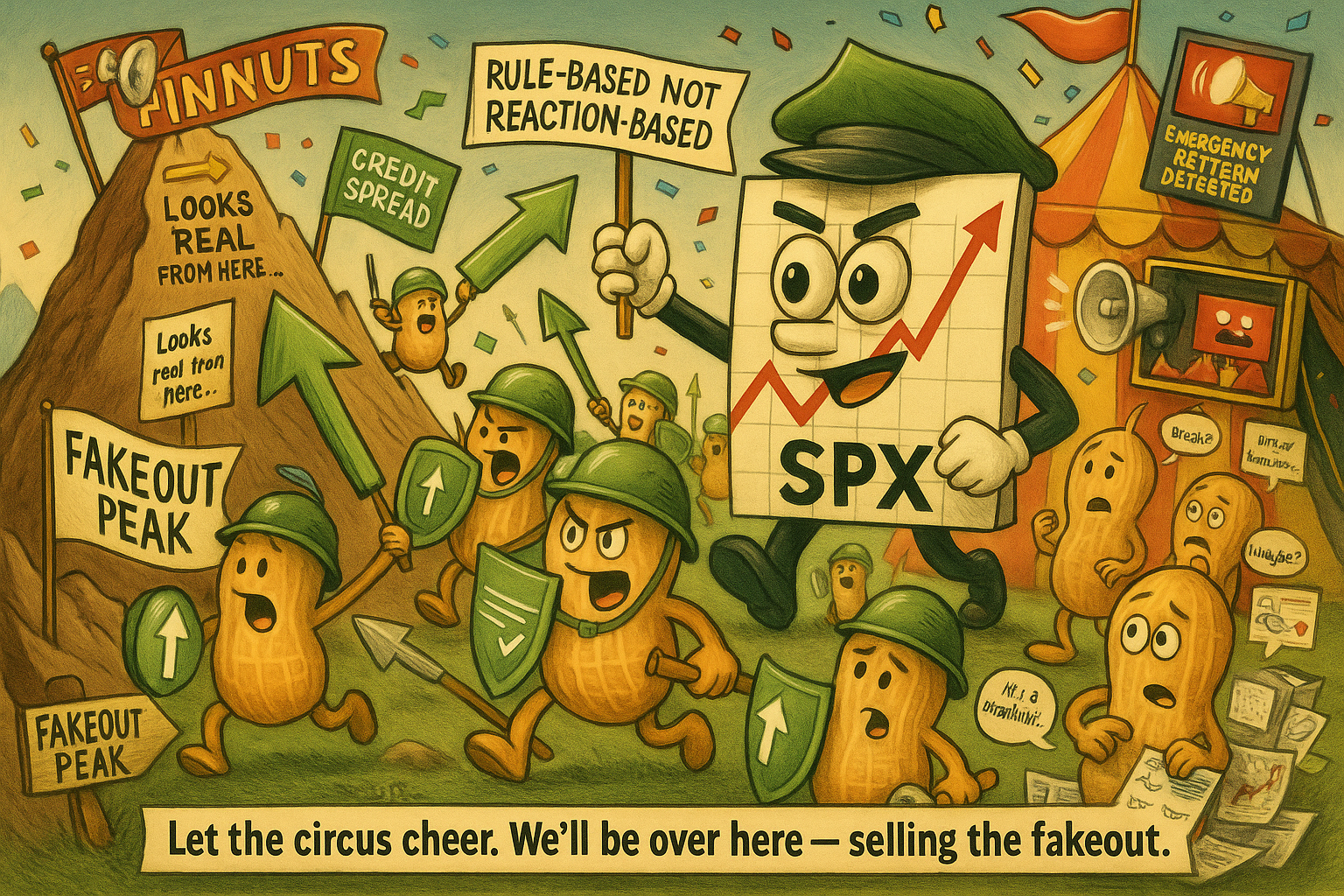 Cartoon peanut army attacks trap mountain