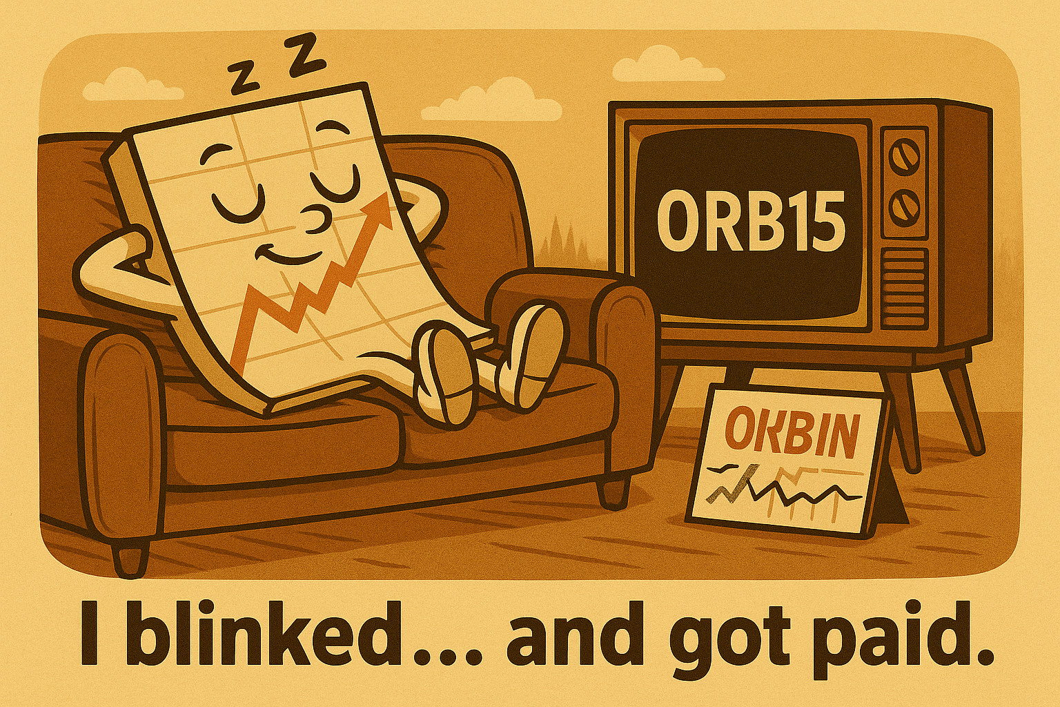 A retro-styled cartoon illustration of an SPX chart character napping on a couch with a remote in hand. A TV in the background flashes “ORB15” in large letters. The scene is peaceful and cozy, with a coffee table stacked with trading books and a candle marked “0-DTE” burning low. Caption reads: “I blinked… and got paid.”