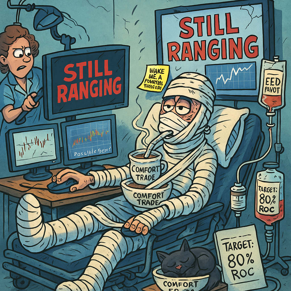 Title: “Still Ranging. Still Clicking.” Theme: The injured trader refuses to miss a trade, even when utterly bandaged and broken Style: Mad Magazine Satire Use Case: Meme section of newsletter Scene Goal: Visually capture the absurd commitment to trading a range setup even when every signal says “just rest, bro”