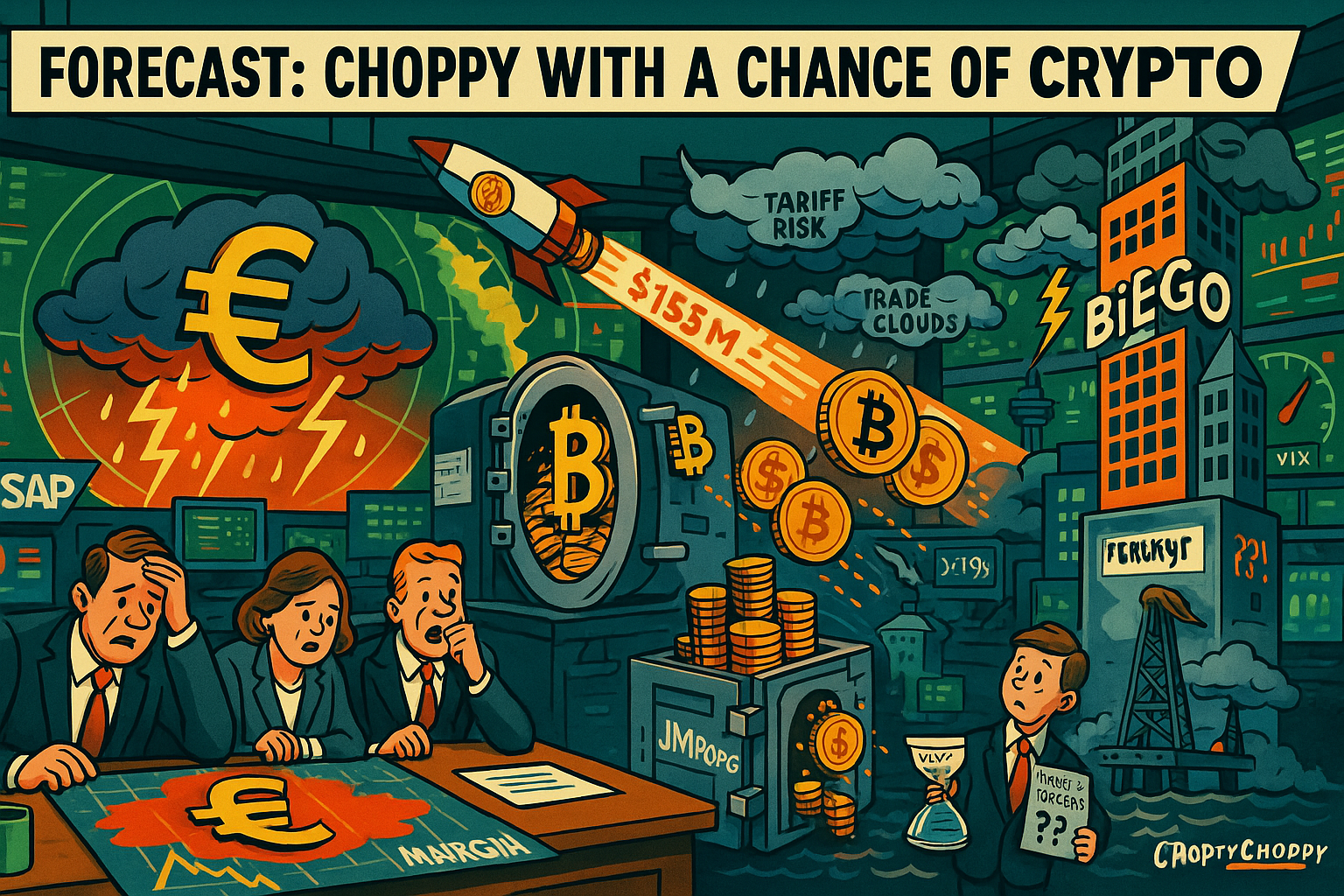 Vintage-style trading floor lit by glowing euro storm above SAP boardroom, bitcoin stacks bursting from JPMorgan vault, a SpaceX rocket trailing BTC coins, BitGo skyscraper rising like an IPO ticker, and an oil rig bobbing beneath swirling trade clouds.