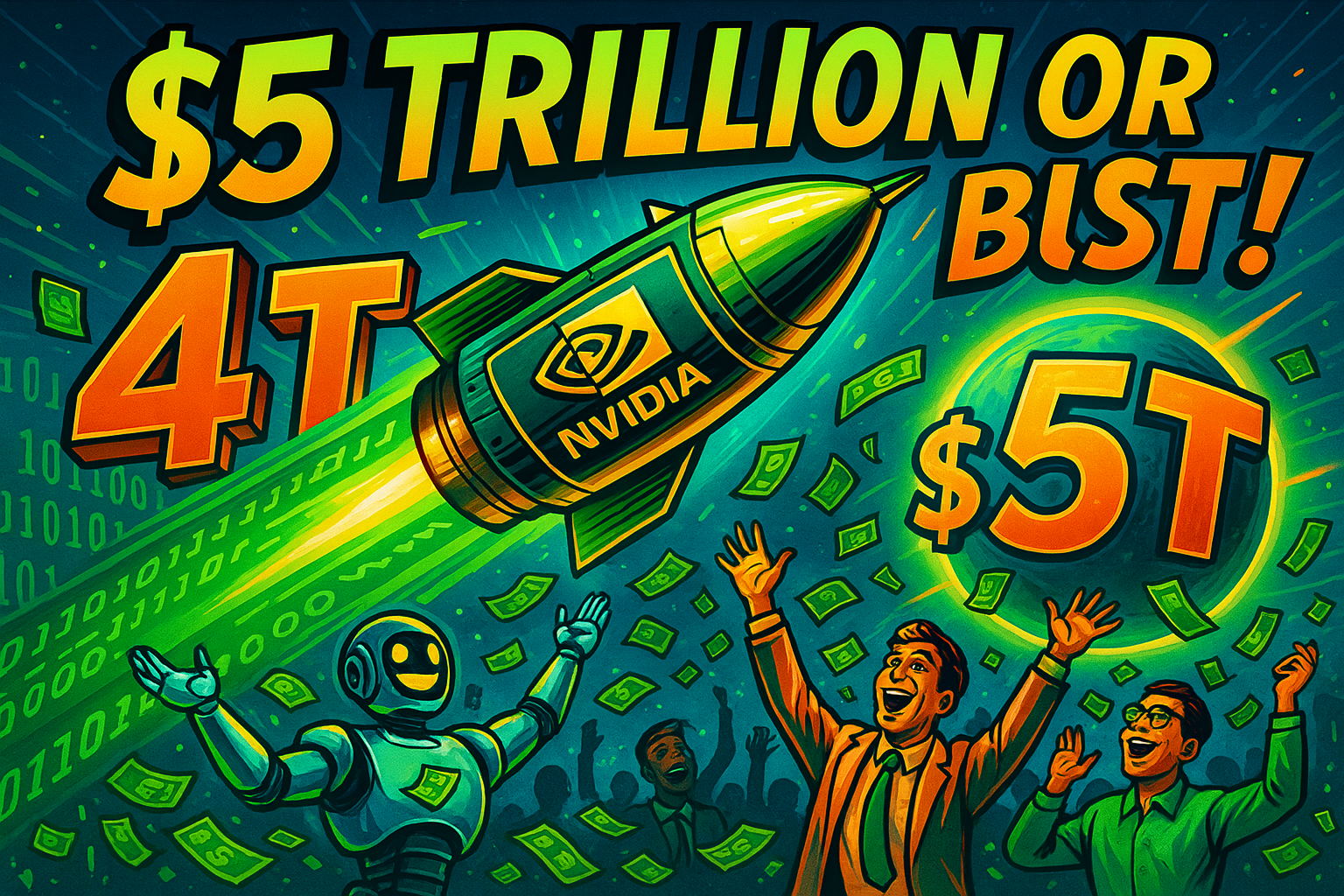 Pop-art style illustration of a shiny green Nvidia GPU designed like a rocket blasting upward from a fiery ‘$4T’ milestone toward a glowing planet marked ‘$5T’. Streams of neon binary code trail behind the rocket. Below, an excited AI robot and cheering traders throw money into the air. Large headline text across the top reads ‘$5 TRILLION OR BUST!’ in bold yellow-orange letters.
