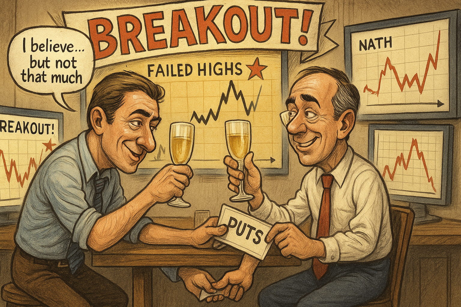 Traders hedge while pretending to celebrate market breakout.