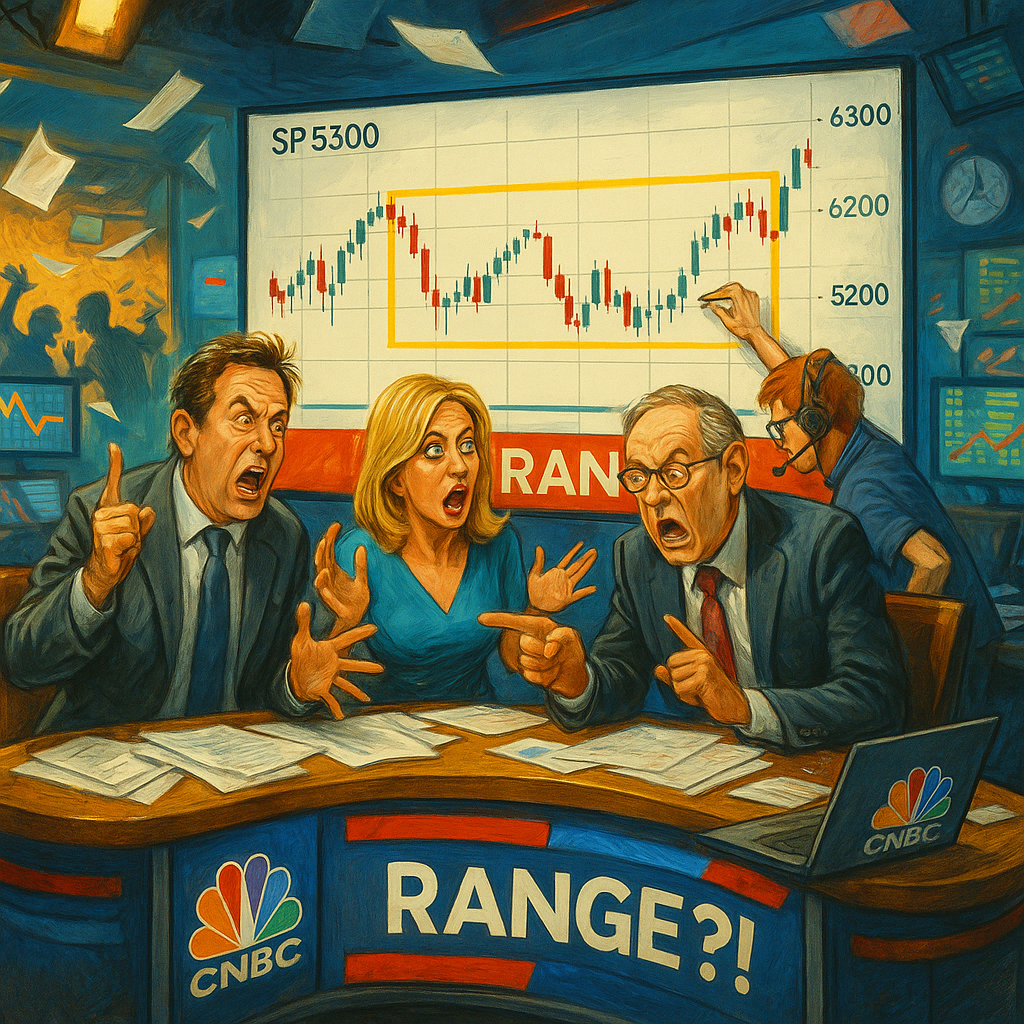 Wall Street anchors deny SPX is in a range as the range box is drawn behind them.