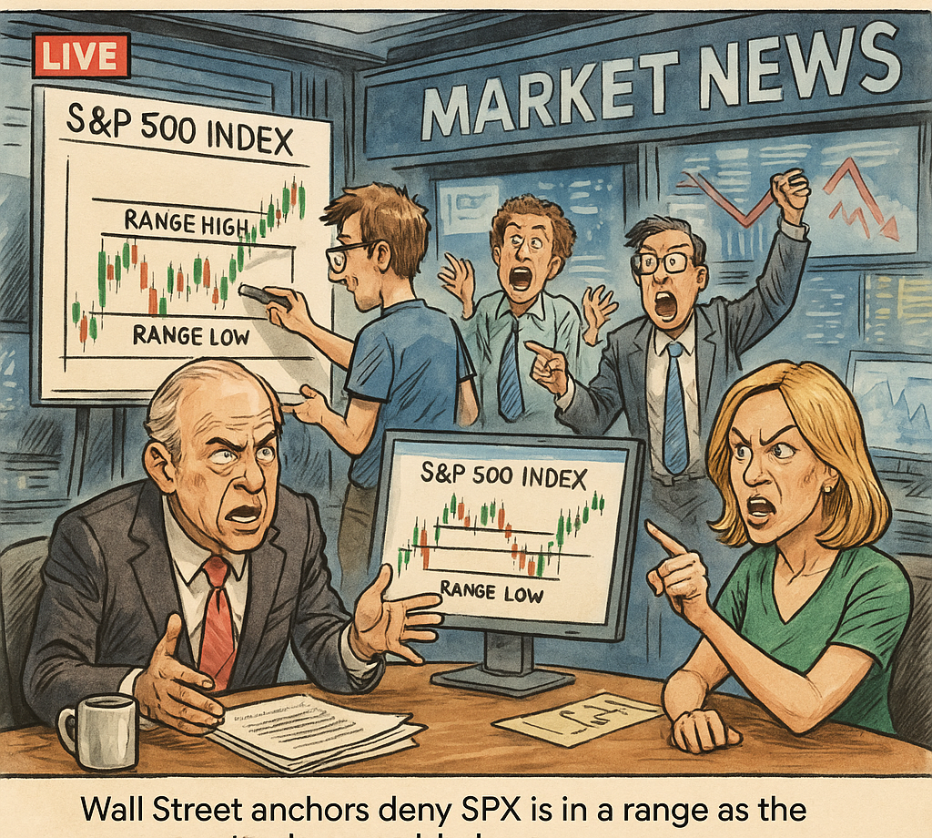 Wall Street anchors deny SPX is in a range as the range box is drawn behind them.
