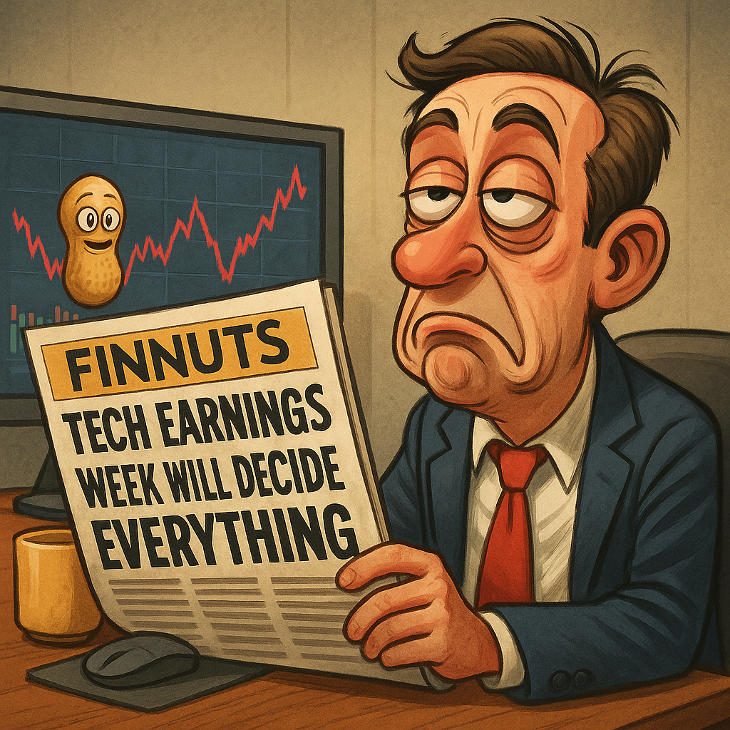 Trader rolling eyes at FinNuts headline “Tech Earnings Week Will Decide Everything” Satirical cartoon mocks tech earnings hype.