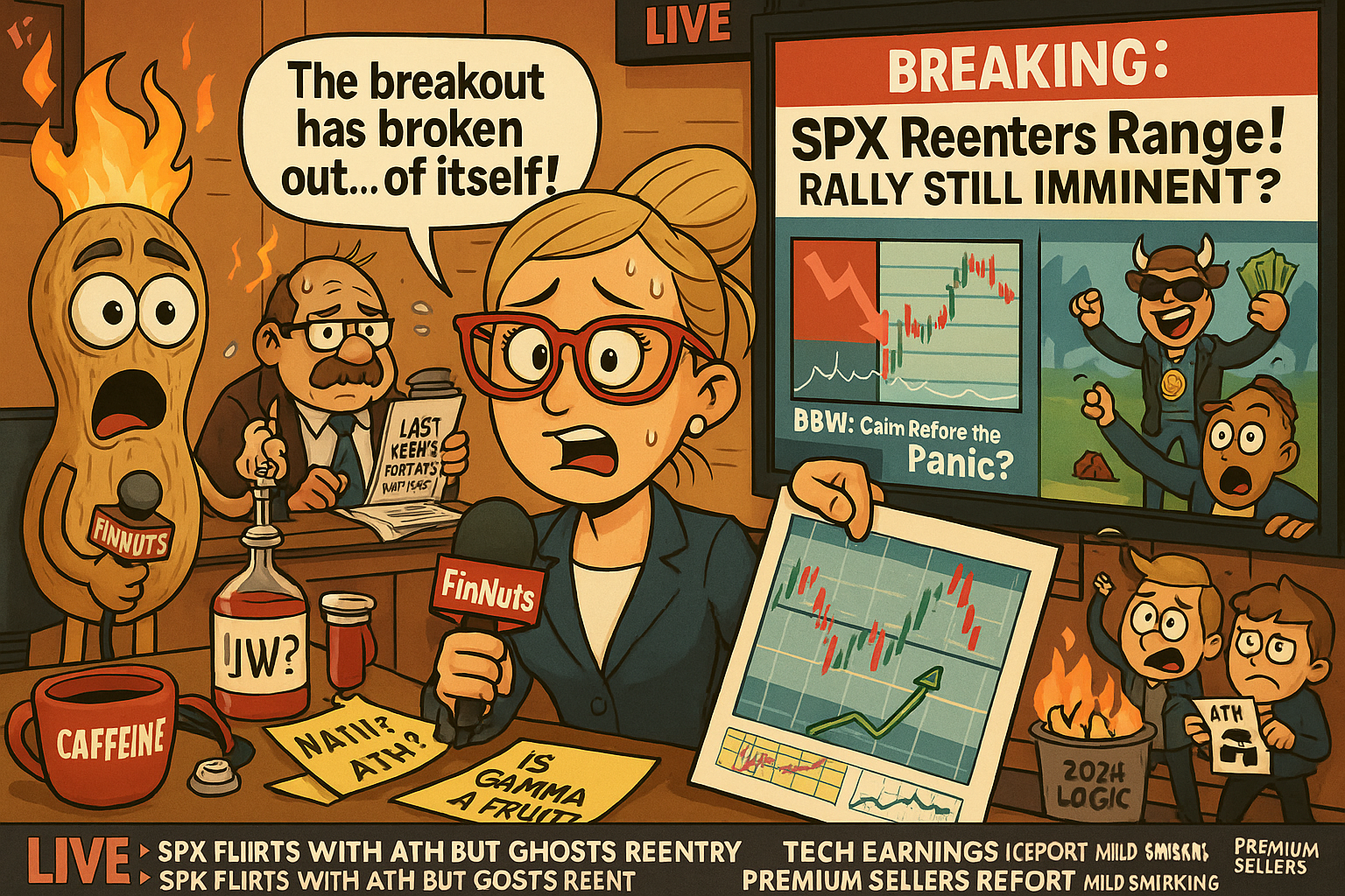 Satirical Newsroom Chaos Foreground: Percy Peanut at the desk, hair on fire (literally or metaphorically), yelling: “The breakout has broken out… of itself!” Hazel holding today’s chart upside down, squinting at the BBW Pinch Zone. Kash Cashew in the background shouting “ATH in sight!” while a red candle drops behind him. Main TV Screen Behind: “BREAKING: SPX Reenters Range! Rally Still Imminent?” Split screen showing: Left: Pulse Bar chart flashing red Right: Tech stocks dancing in a bull costume Desk Prop Chaos: Caffeine IV drip into Percy’s arm Sticky notes: “NATH = ATH?” “Is Gamma a Fruit?” Broken “Easy Button” with label: “Buy the Dip” cracked in half