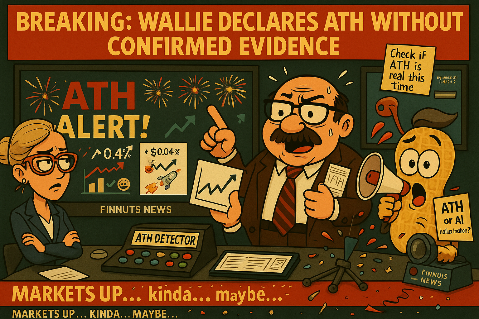 Wallie Winthorpe declares an all-time high with fireworks blazing and a +0.04% chart spike, while Hazel rolls her eyes and Percy blasts a clown horn into a megaphone. The FinNuts News Desk descends into chaos as confetti cannons misfire, coffee floods the ATH detector, and a ticker tape scrolls: “Markets up... kinda... maybe.”