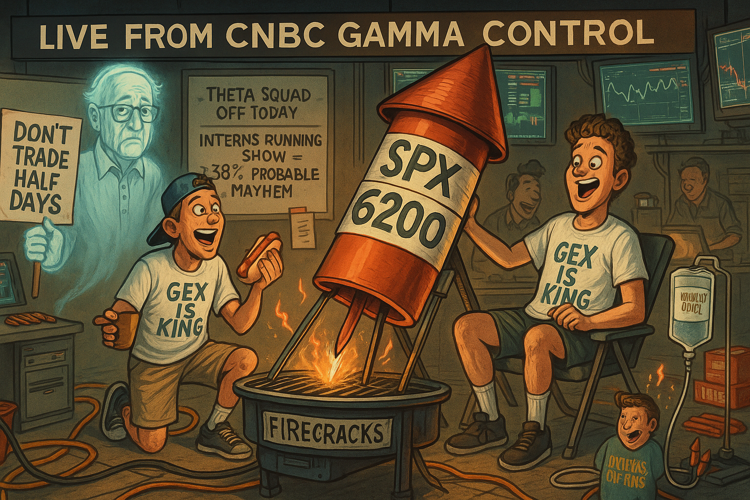 Satirical Wall Street newsroom loads 6200 onto firework while Graham ghost protests.