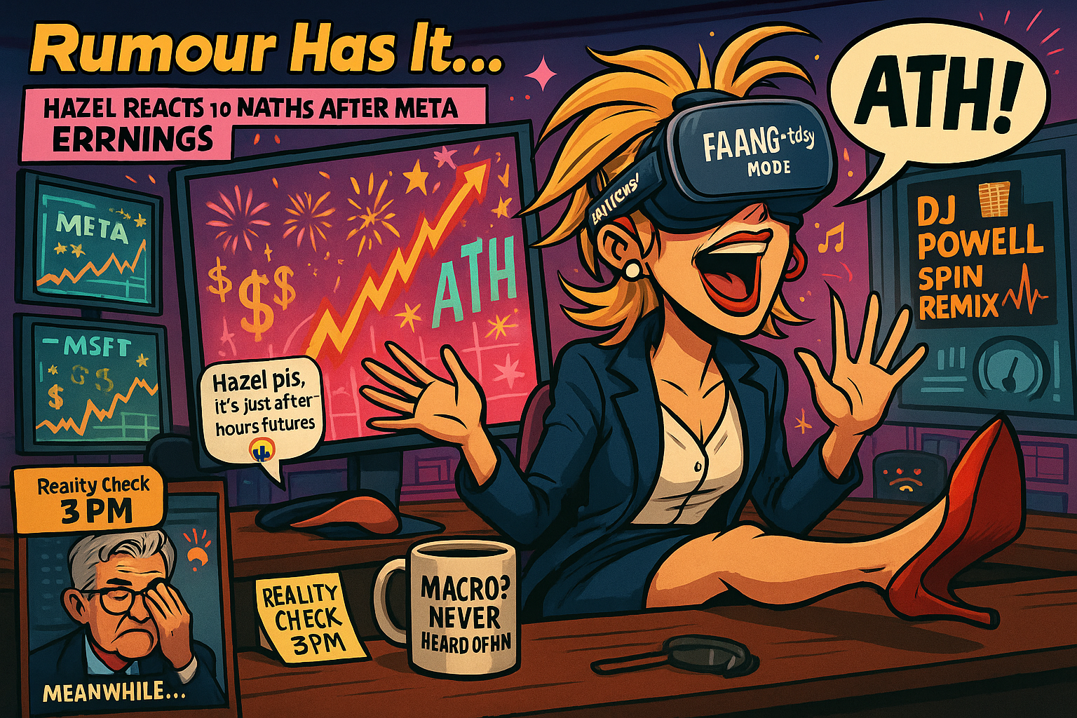 A widescreen comic-style illustration of Hazel from FinNuts Live inside her newsroom studio, wearing a full VR headset and screaming “NATH!” while pointing at a giant screen showing SPX futures exploding upward. The background is a chaos of market charts, ticker tape flying, and confetti blasting from a cannon labeled “META EARNINGS”. A coffee mug on the desk reads “ATH Again?!”, and a framed photo in the corner shows Hazel high-fiving a chart labeled “$META Moonshot”. Hidden Easter eggs include a “No Bears Allowed” sticker on her laptop and a sticky note with “Powell Blinks = Pump” scribbled on it.