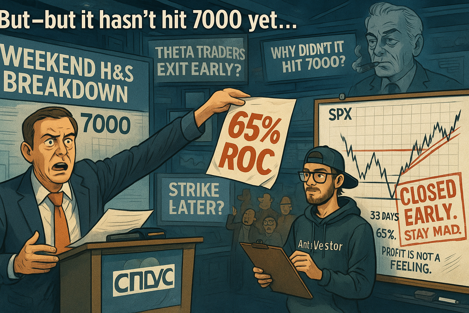 Newsroom panics over missed SPX target while AntiVestor chart stamps early exit as win.