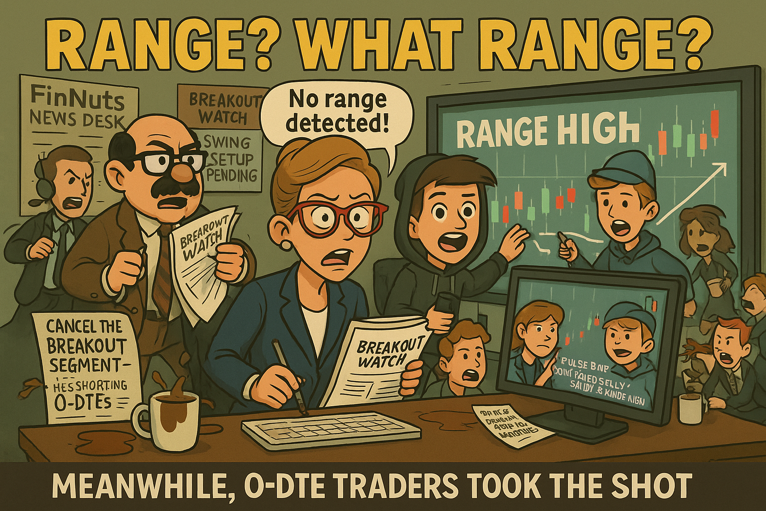 Newsroom chaos as intern draws obvious SPX range while anchor denies any setup.