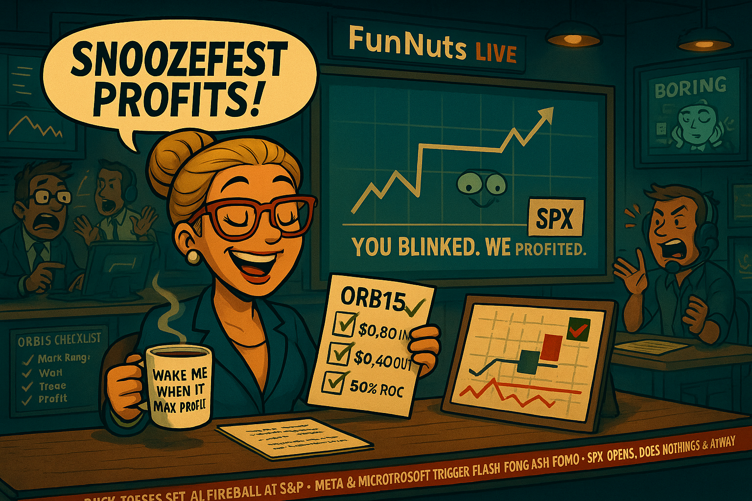 FinNuts Hazel was last seen on air shouting "Snoozefest Profits!" into a live mic while sipping espresso and slow clapping the ORB15 candle. Analysts suspect she set the trade, went for a mani-pedi, and returned just in time to cash out. This is entirely made-up satire. Probably!