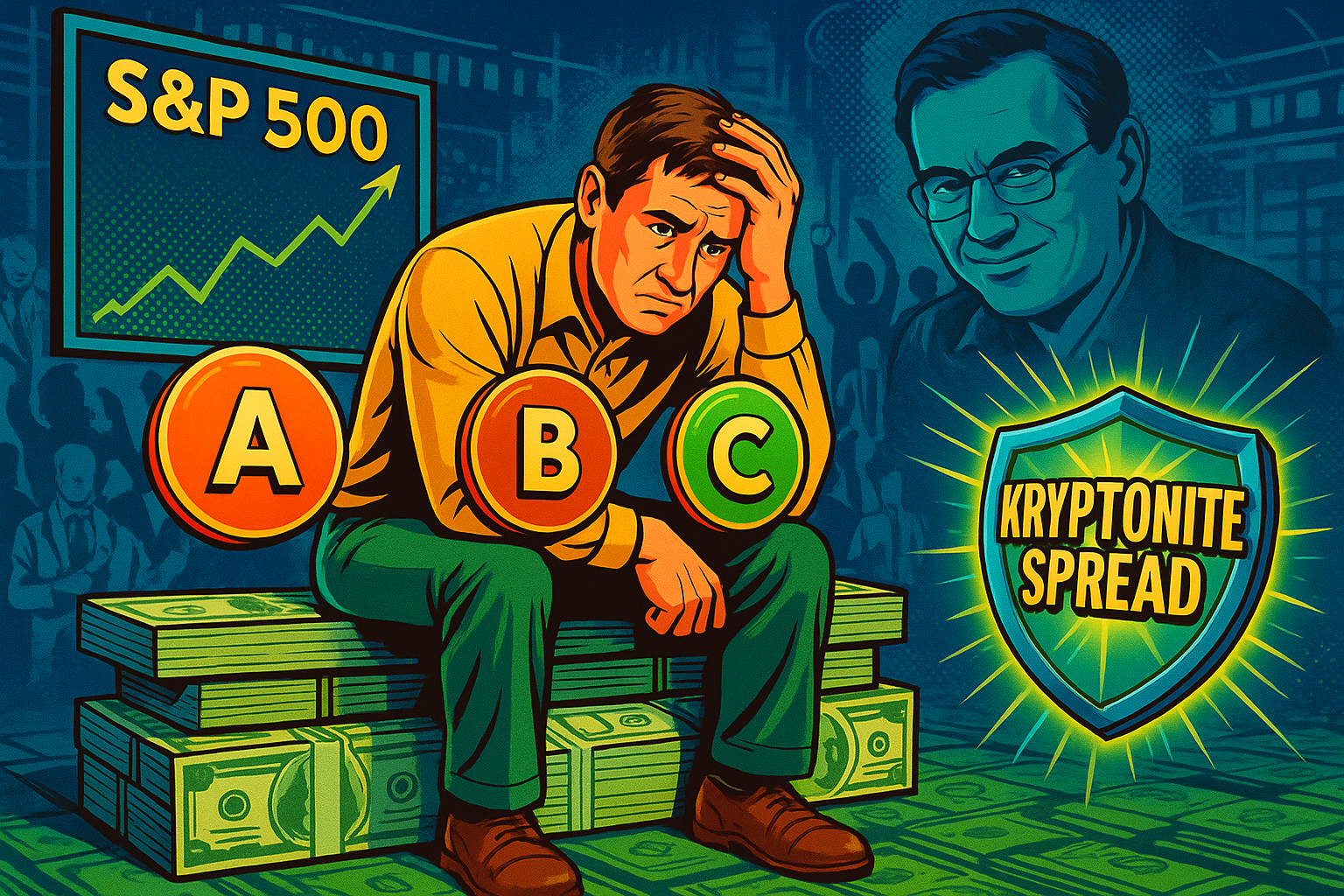 A pop-art styled illustration shows a worried man in business casual clothes sitting on a bench made of stacks of dollar bills. Three large, floating buttons labeled A, B, and C hover in front of him. Behind him, a green S&P 500 chart with an upward arrow signals a rising market. To the right, a ghostly portrait of rogue trader Nick Leeson watches over the scene, while a glowing shield icon reading ‘Kryptonite Spread’ radiates bright yellow-green light.