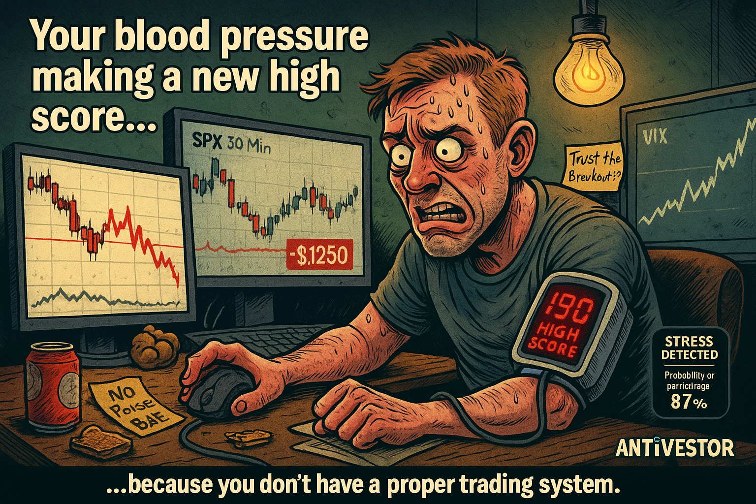 Trader’s BP monitor glowing red next to a -$1,250 PnL screen.