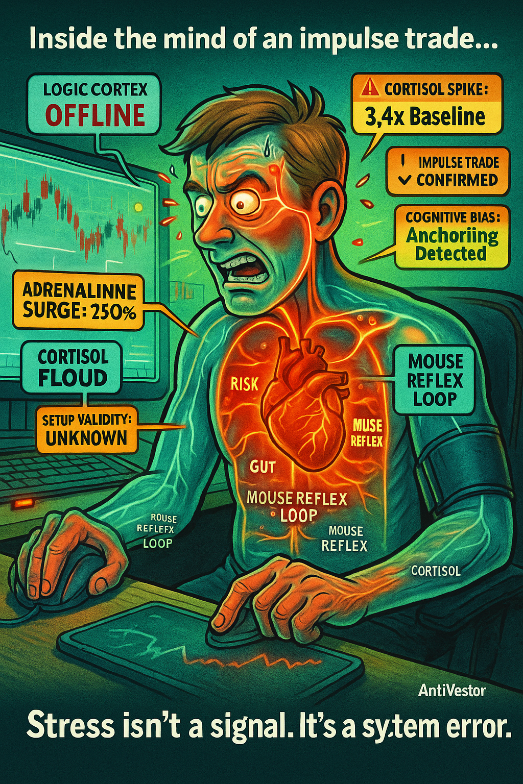 Comic-style anatomy satire of cortisol overload in a trader.