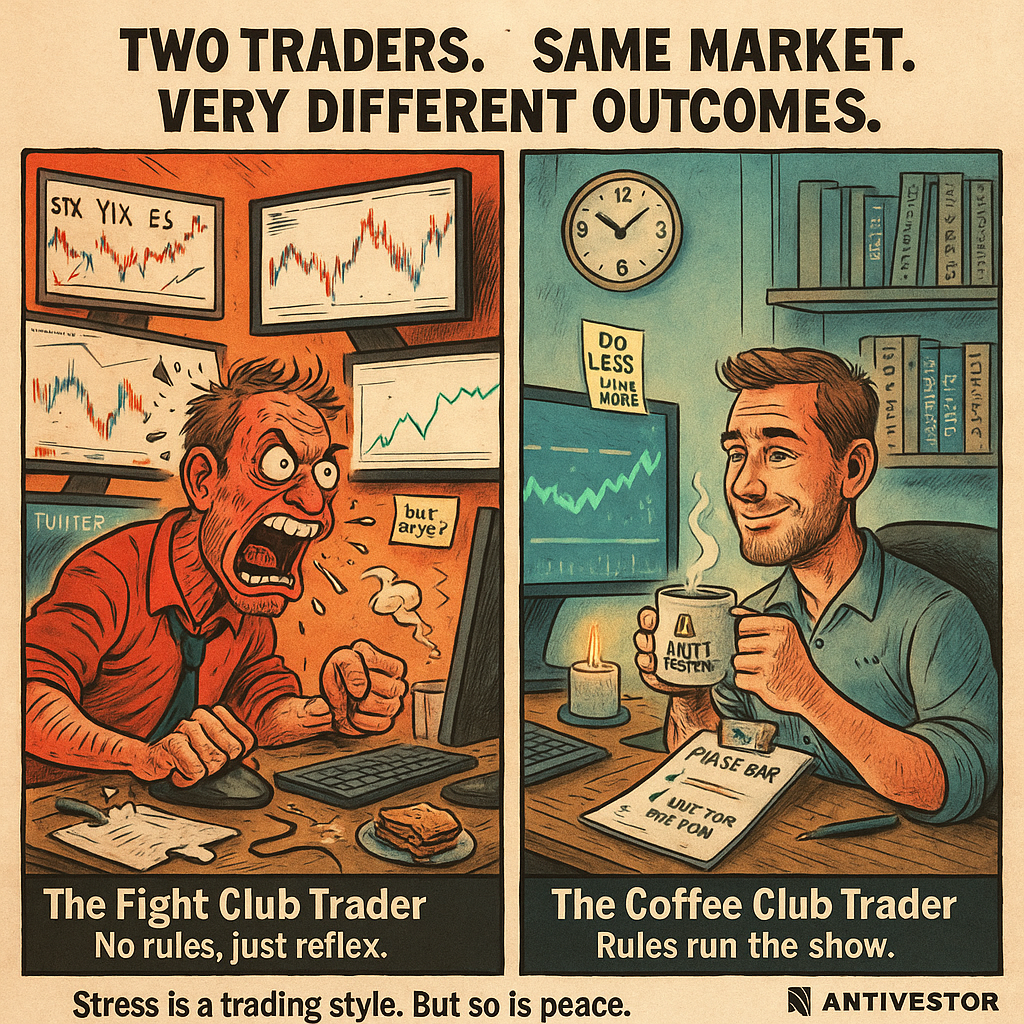 Fight Club trader raging vs calm espresso trader with checklist.