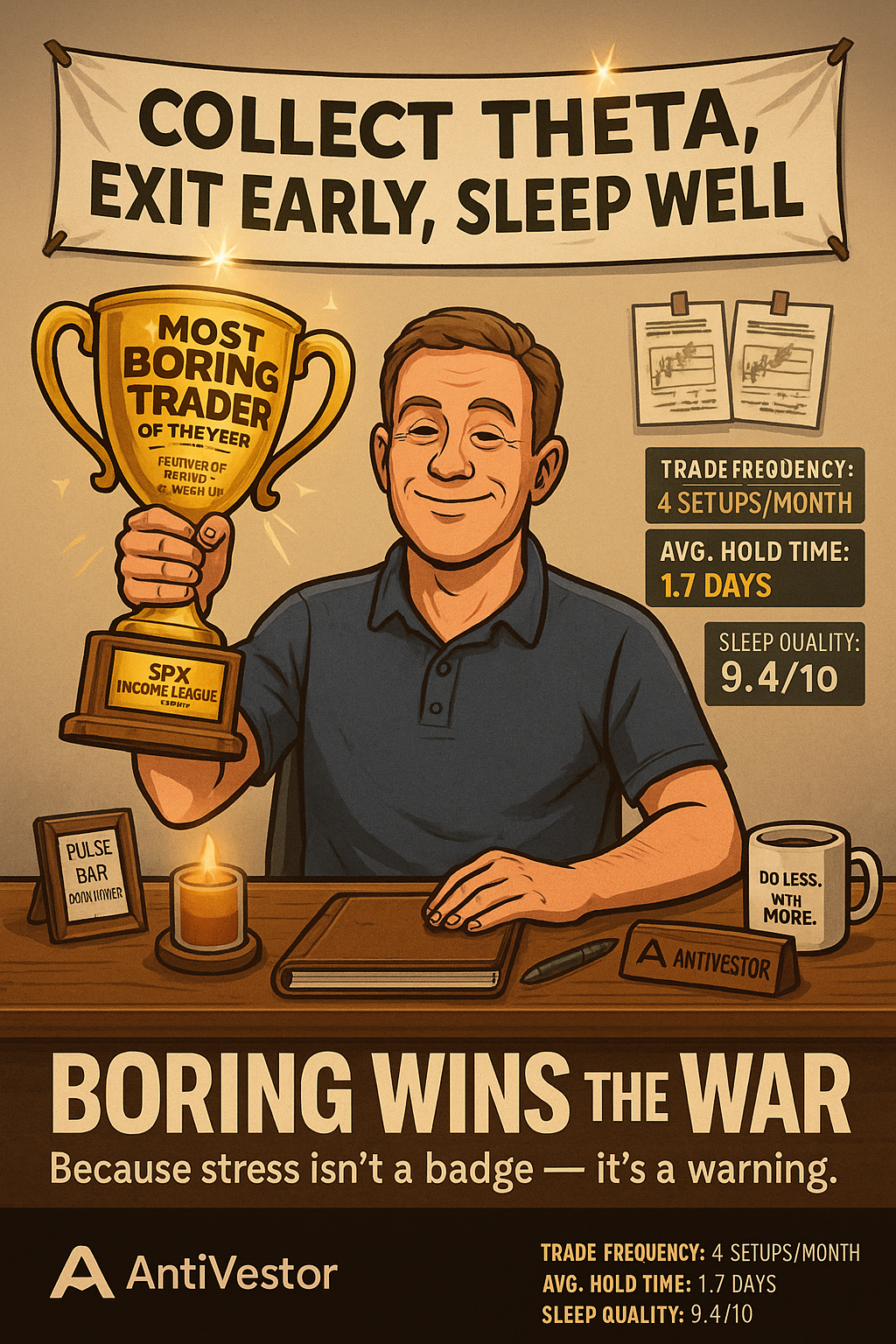 “Most Boring Trader” trophy, banner: “Collect Theta, Exit Early, Sleep Well.”