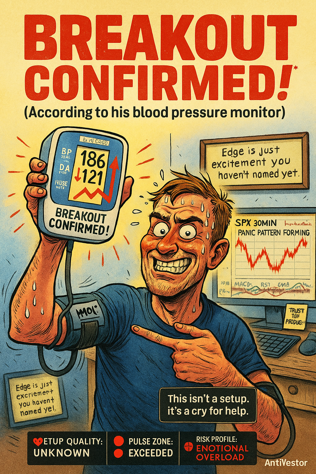 Trader holding a blood pressure monitor yelling “Breakout confirmed!”