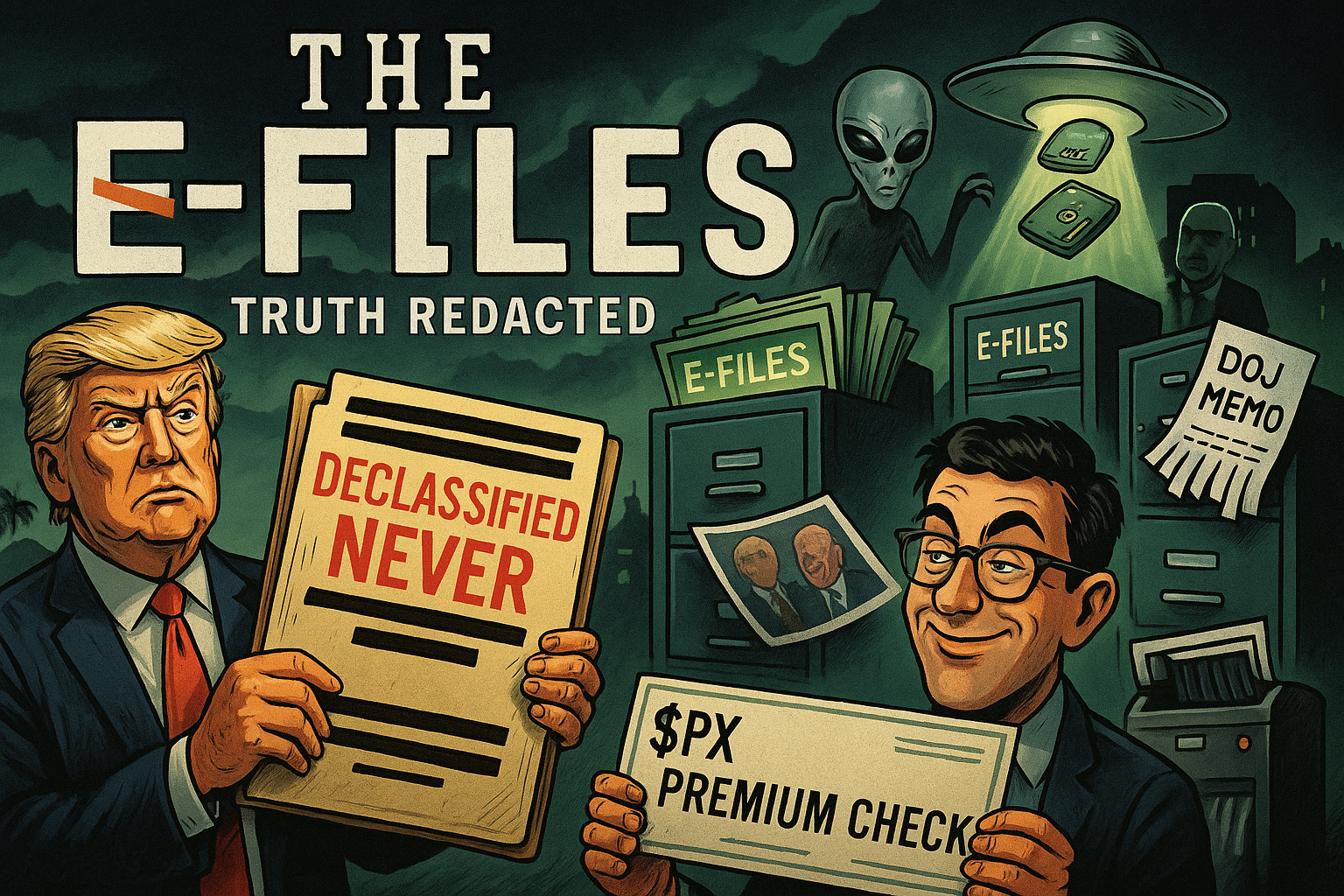 Satirical cartoon titled “The E-Files” shows Trump holding a redacted “Declassified NEVER” folder while an alien beams up hard drives near filing cabinets labeled “E-Files” and “DOJ Memo,” with a grinning trader holding a $PX Premium Check.