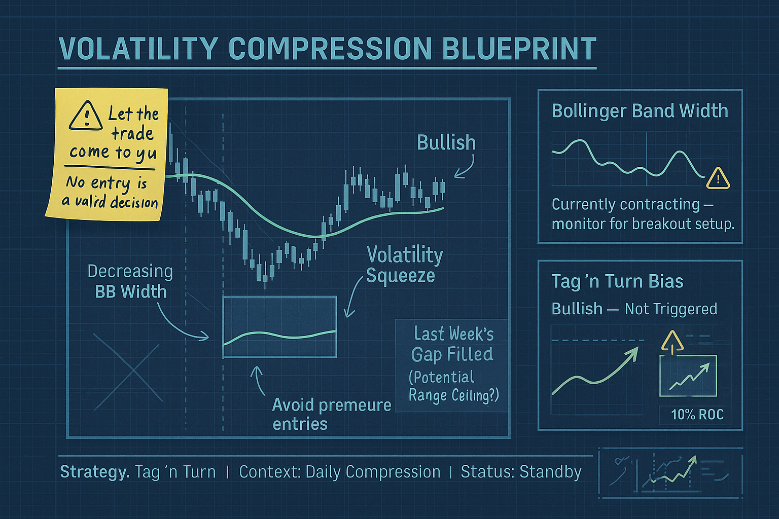 Volatility compression chart shows Bollinger Band narrowing and gap-fill zone, with “patience alert” highlighted.