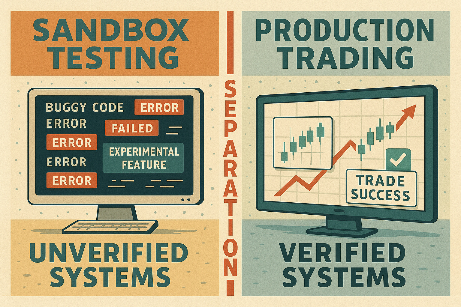 Technical diagram showing proper separation between testing environments and live trading systems