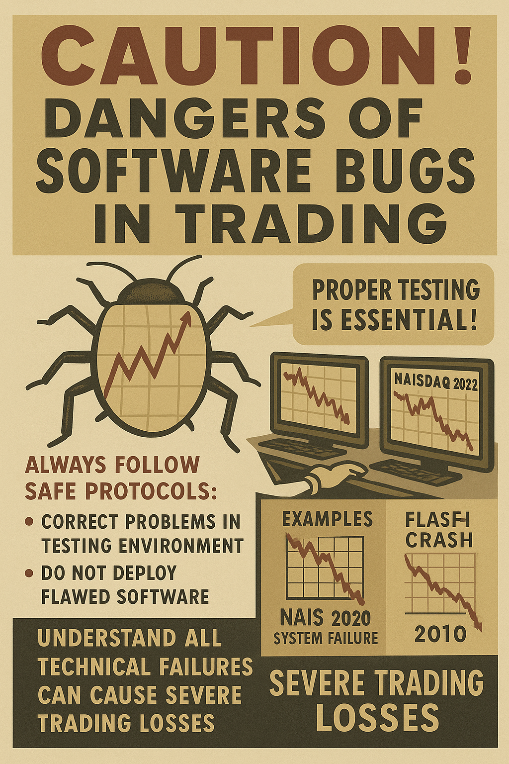 Vintage-style educational poster about software testing protocols and trading risk management