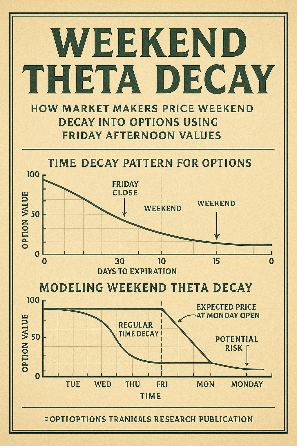 Vintage educational chart explaining weekend theta decay pricing in options markets