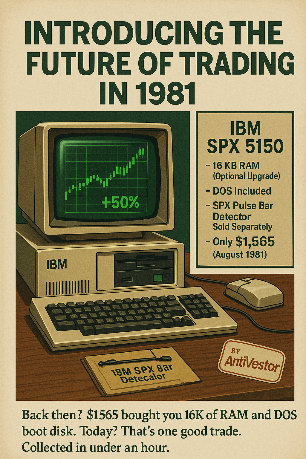 1981-style retro print ad features an old beige IBM PC with a pixelated SPX chart showing 50% ROC and a $1,565 price tag.