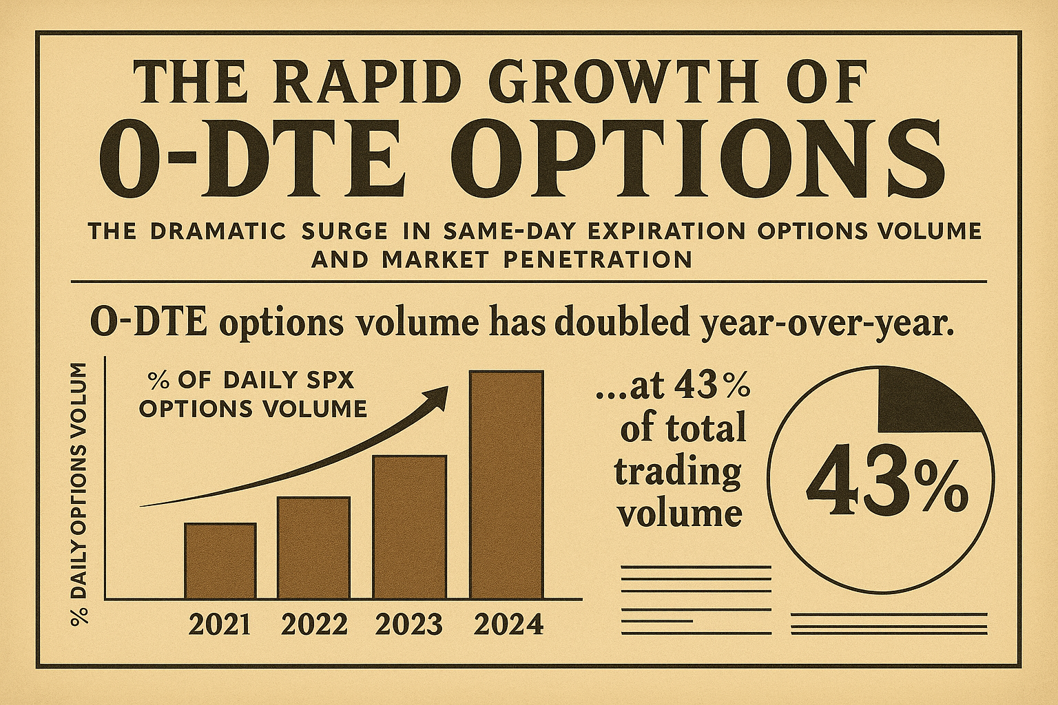 Vintage statistical chart showing 0DTE options volume growth and market penetration from 2021-2024