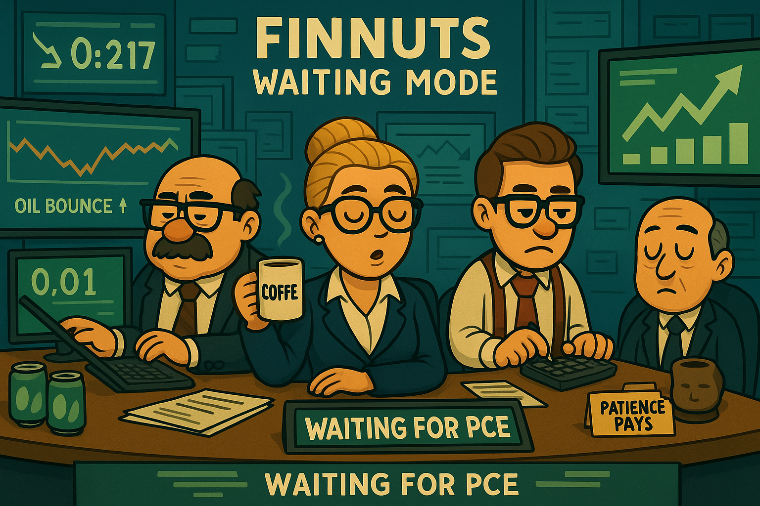 FinNuts newsroom in contemplative pre-data mode with characteristic individual responses to market hibernation