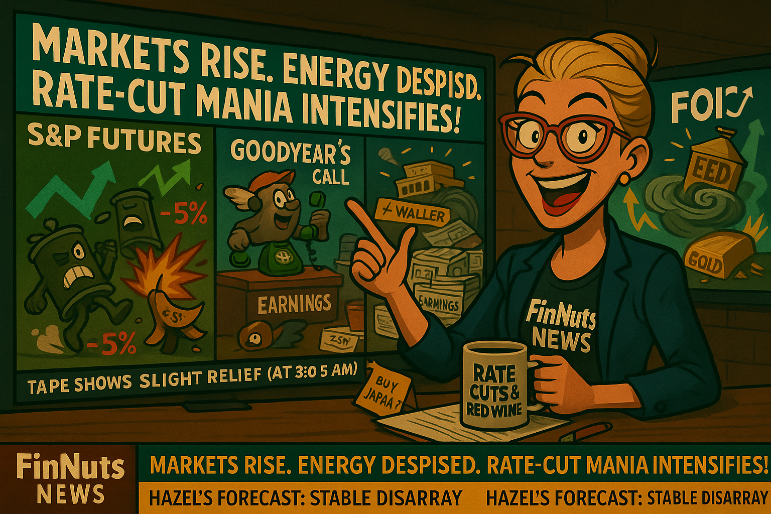 A satirical financial newsroom scene shows Hazel, the blonde FinNuts anchor, seated at a chaotic news desk. She holds a “Rate Cuts & Red Wine” mug while pointing toward large background screens depicting comedic market stories: oil barrels tumbling, gold bars flexing, and cartoon politicians arguing over rate cuts. The desk is cluttered with sticky notes, toy props, and scattered reports, while a scrolling ticker at the bottom delivers absurd finance headlines.
