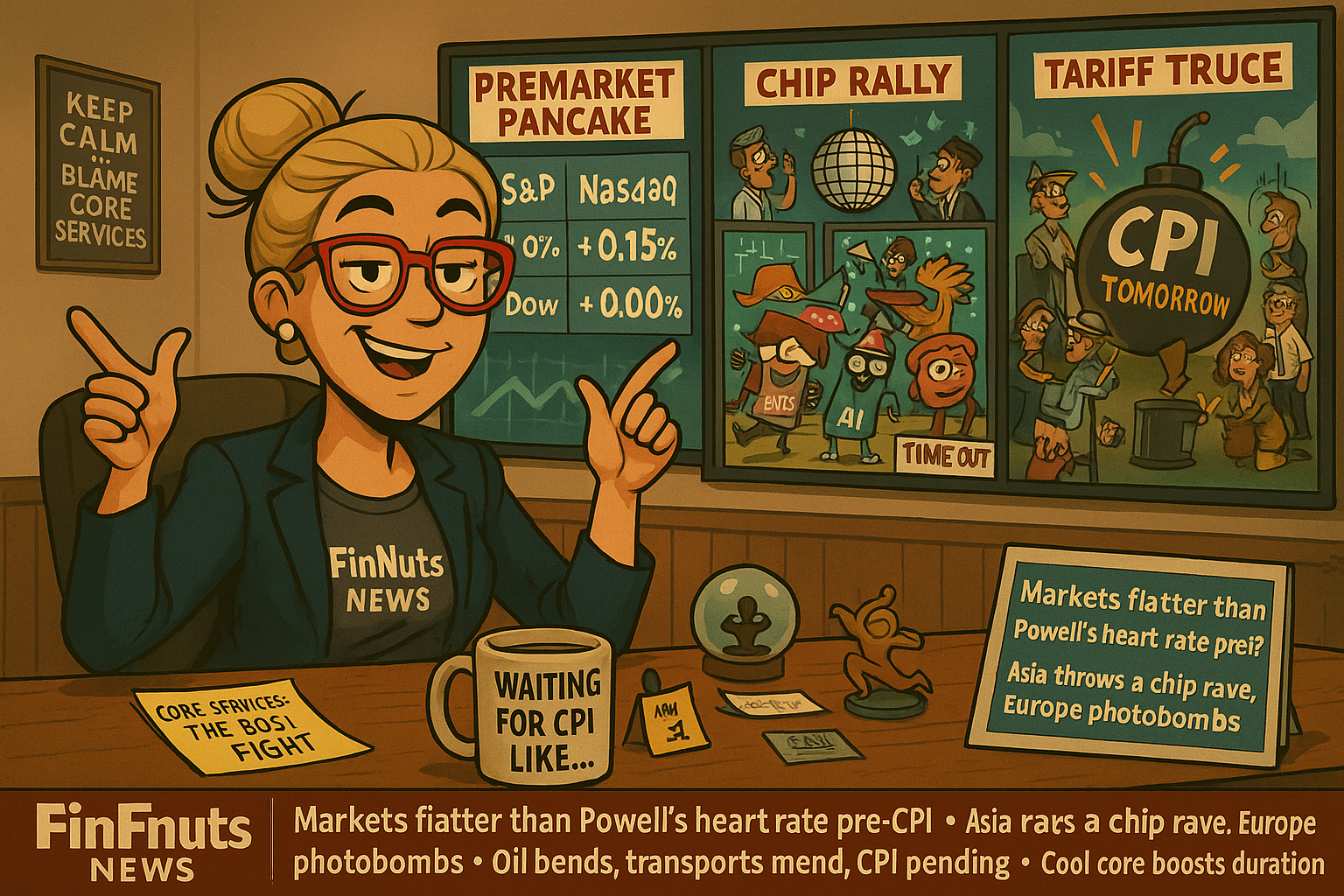 A satirical FinNuts newsroom scene: Hazel leans at her desk with a “Waiting for CPI” mug while screens behind her show a flat futures chart being ironed, dancing computer chips, a U.S.–China tariff truce Twister game, and a ticking cartoon CPI bomb. Desk clutter, eccentric colleagues, and absurd market props fill the scene, blending calm headlines with looming chaos.