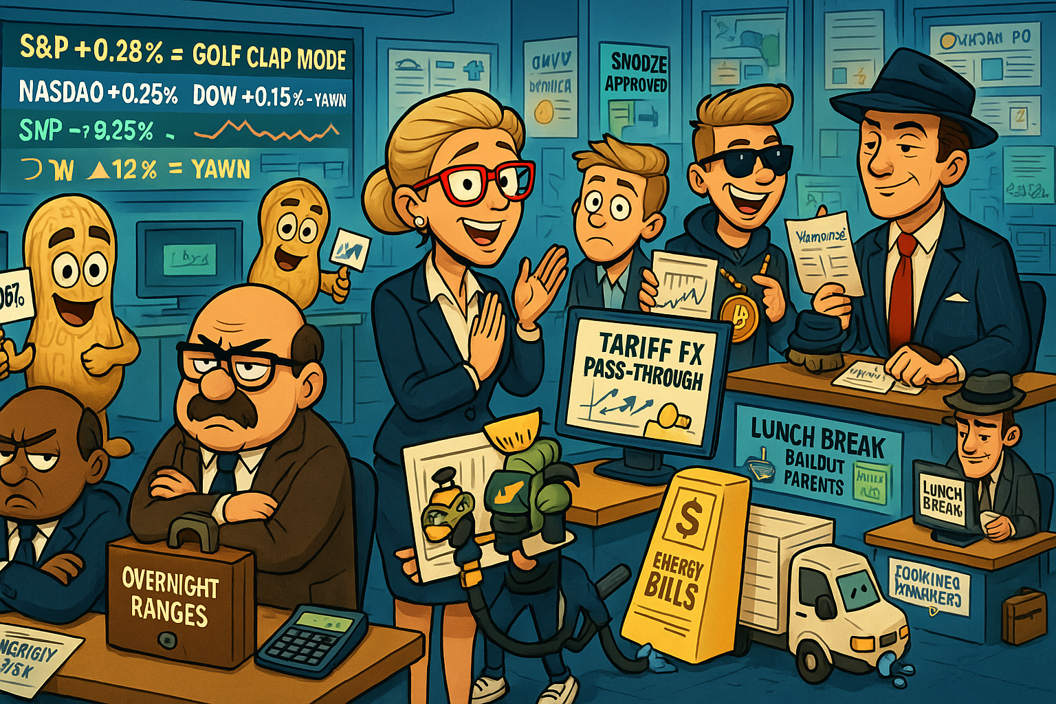 The Financial Nuts newsroom satirizes today’s markets: Hazel golf claps at flat futures, Percy clutches a locked wallet, Kash confuses interns with tariff charts, Mac eats a lonely lunch muttering about vampire earnings, and Wallie groans at energy bills. Background gags include obedient gold, snoozing yields, and back-to-school debt props.