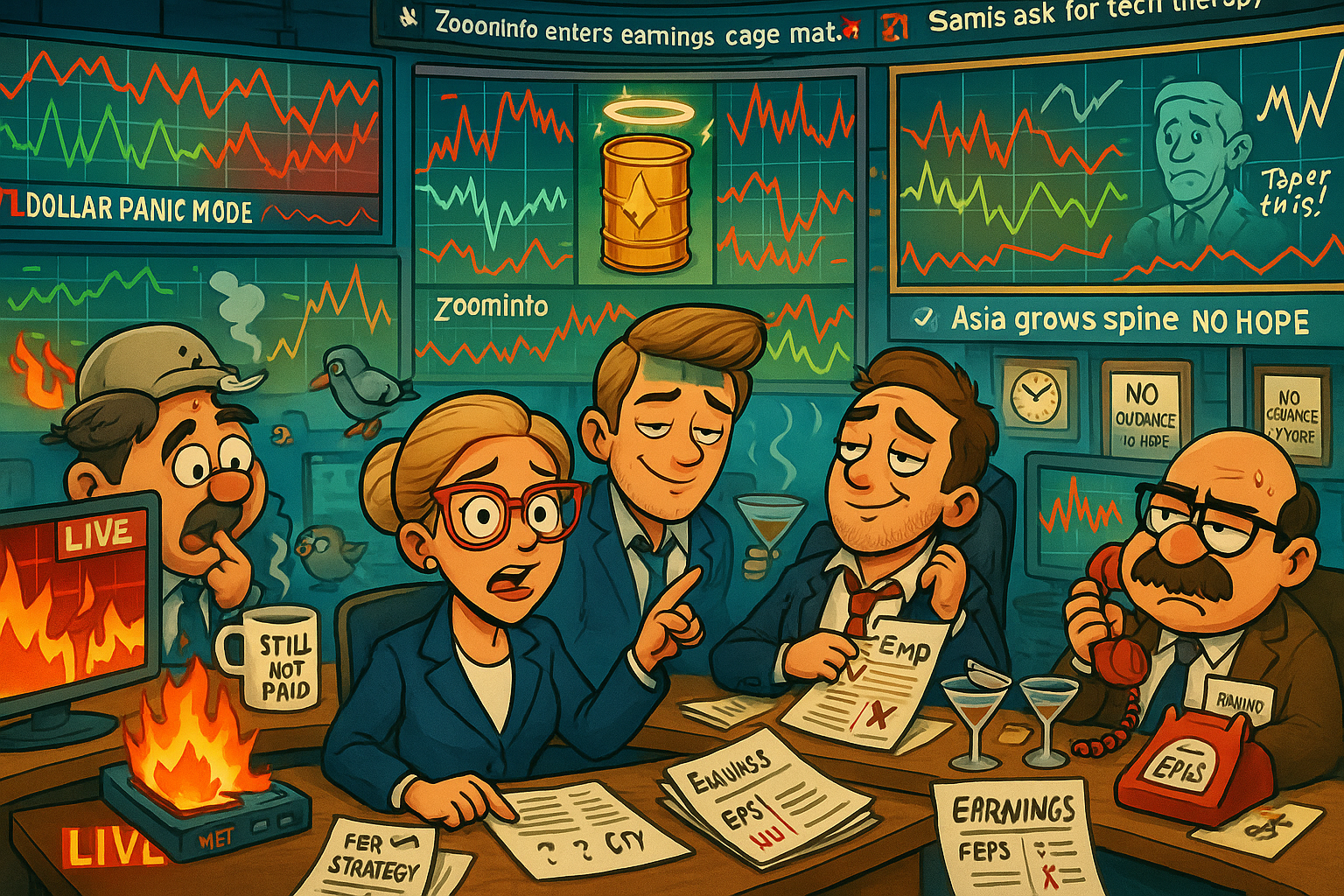 A satirical FinNuts newsroom in chaos. Hazel delivers news at an overloaded desk, Kash nurses a hangover, Percy battles a coffee machine, Wallie analyzes lonely earnings reports, and background screens show crude oil, dollar collapse, and market absurdities.