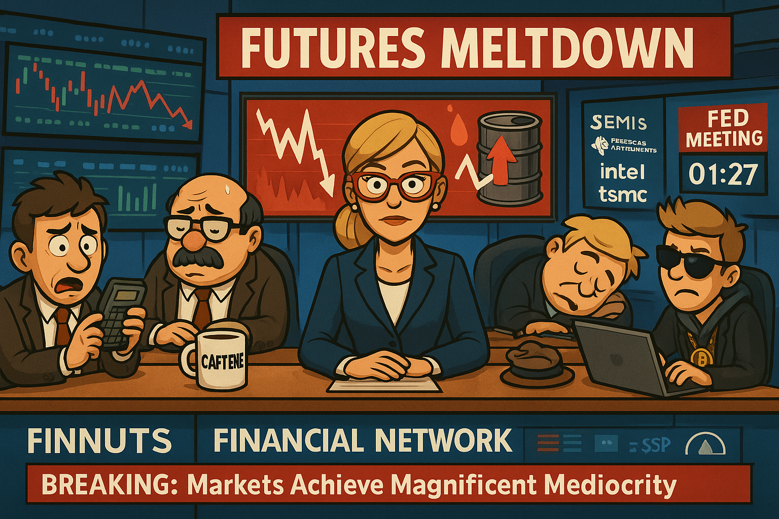 FinNuts financial news studio with Hazel at anchor desk, Kash panicking at trading screens, Percy looking terrified at red market charts, Wallie obviously napping, Mac frantically typing. Red 'FUTURES MELTDOWN' banner, oil price spike graphics, Fed meeting countdown clock. Professional news setup with comedic British chaos.