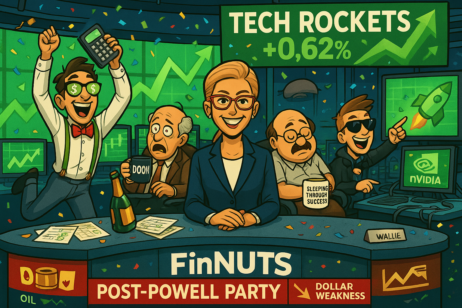 FinNuts studio celebration scene with Hazel smiling at green market charts, Kash dancing with calculator, Percy looking shocked but pleased at rising numbers, Wallie somehow still napping through the good news, Mac excitedly pointing at tech stock rockets. Green 'TECH ROCKETS' banner, Nvidia surge graphics, falling oil price charts, and 'POST-POWELL PARTY' ticker. Professional news setup but everyone looks relieved and slightly manic.
