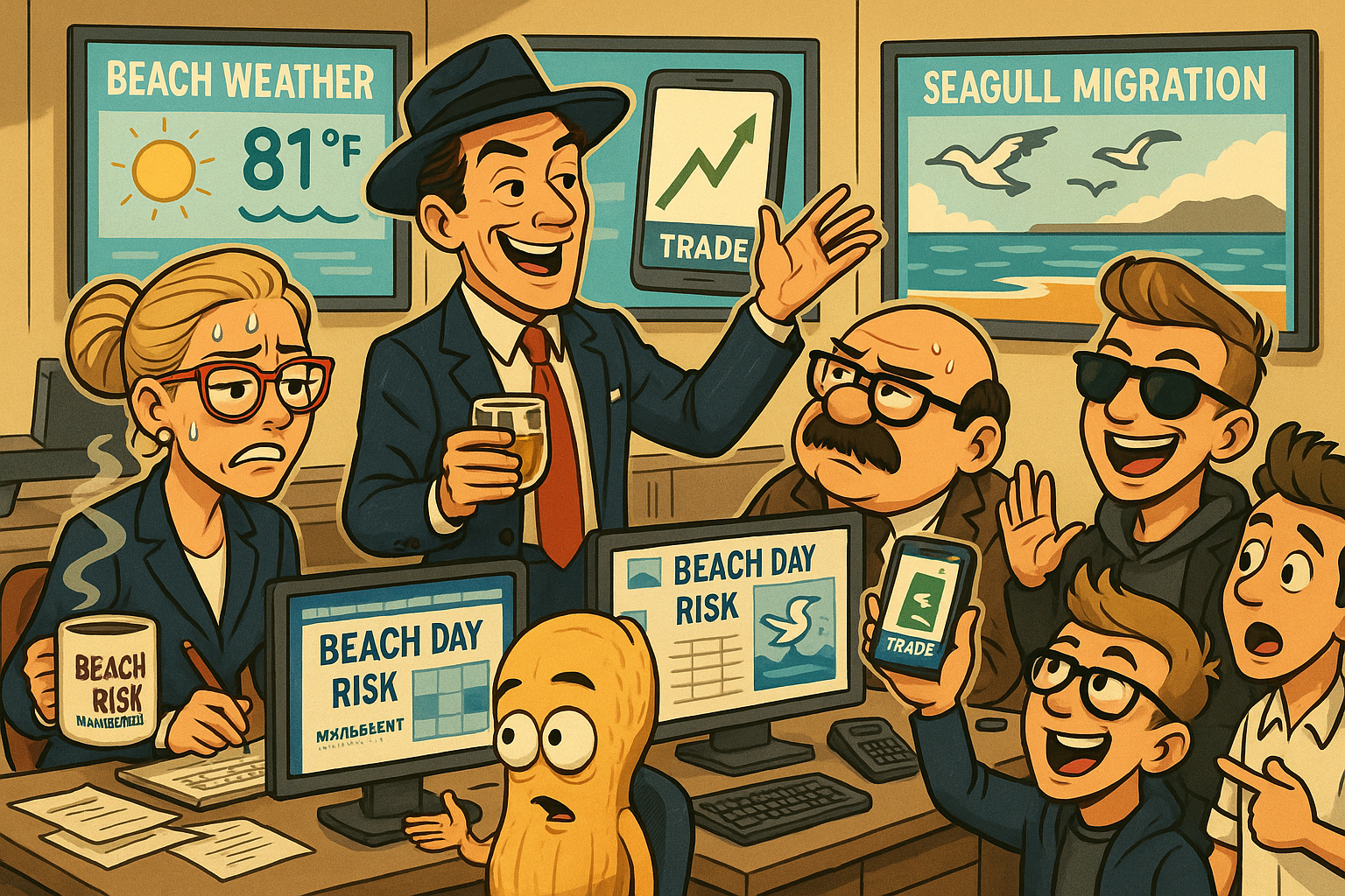 Financial Nuts newsroom discussing beach day trading with characteristic individual reactions