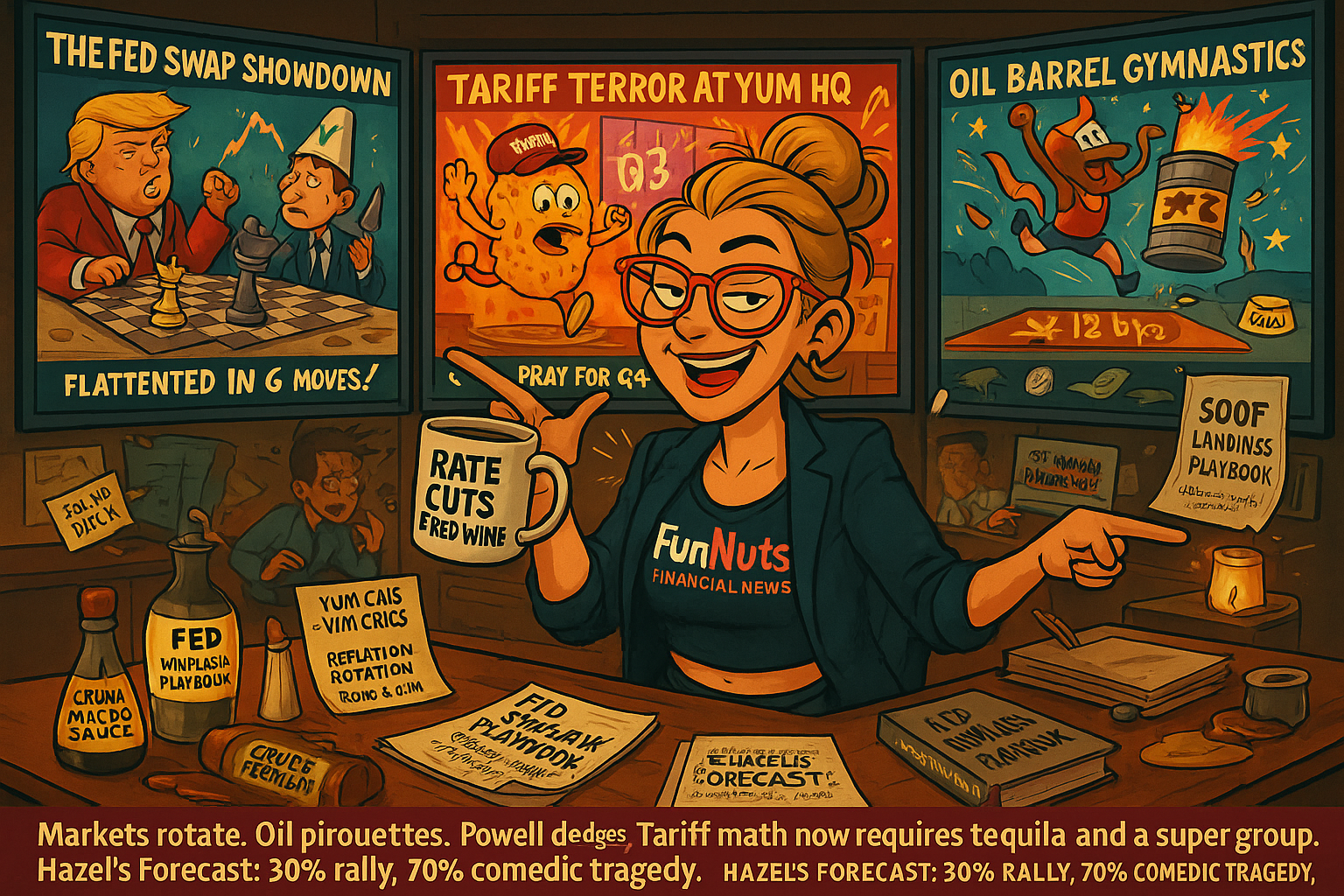In a chaotic financial newsroom, Hazel anchors a satire-packed report. Trump and Powell square off over a melting chessboard, a chicken mascot slips on tariffs, an oil barrel performs Olympic flips, and China slaps yields while gold walks away. Hazel smirks through the absurdity, coffee in hand, as intern Percy melts down in the background. Every corner is packed with easter eggs mocking earnings season, policy drama, and market confusion.