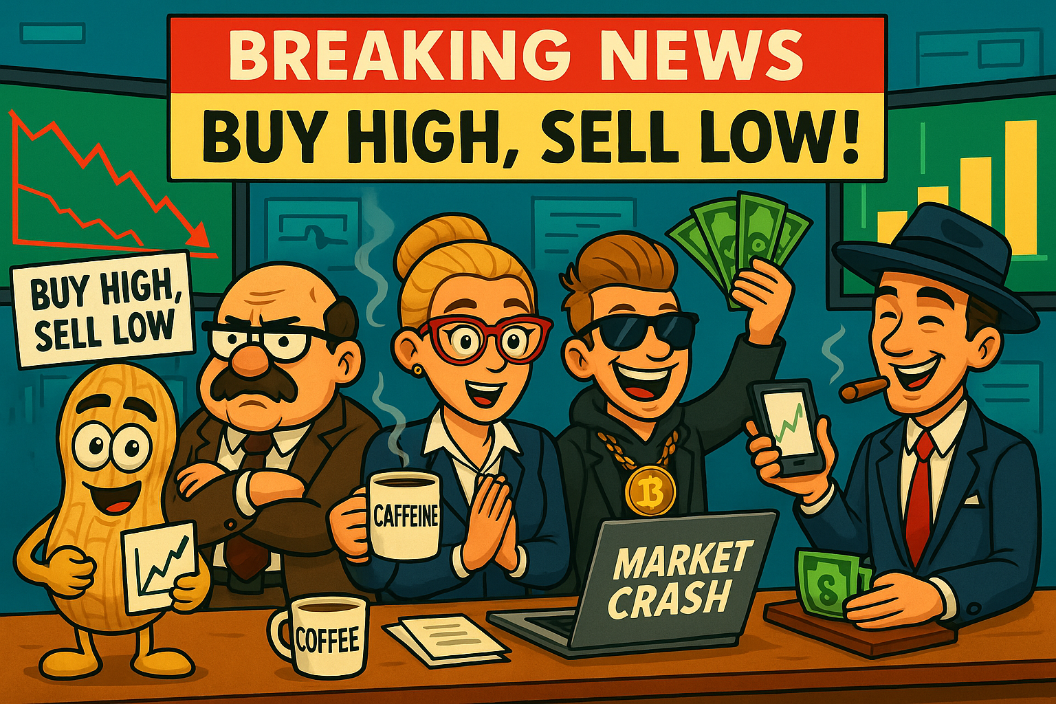 FinNuts newsroom dealing with lackluster morning market performance with characteristic low-energy responses