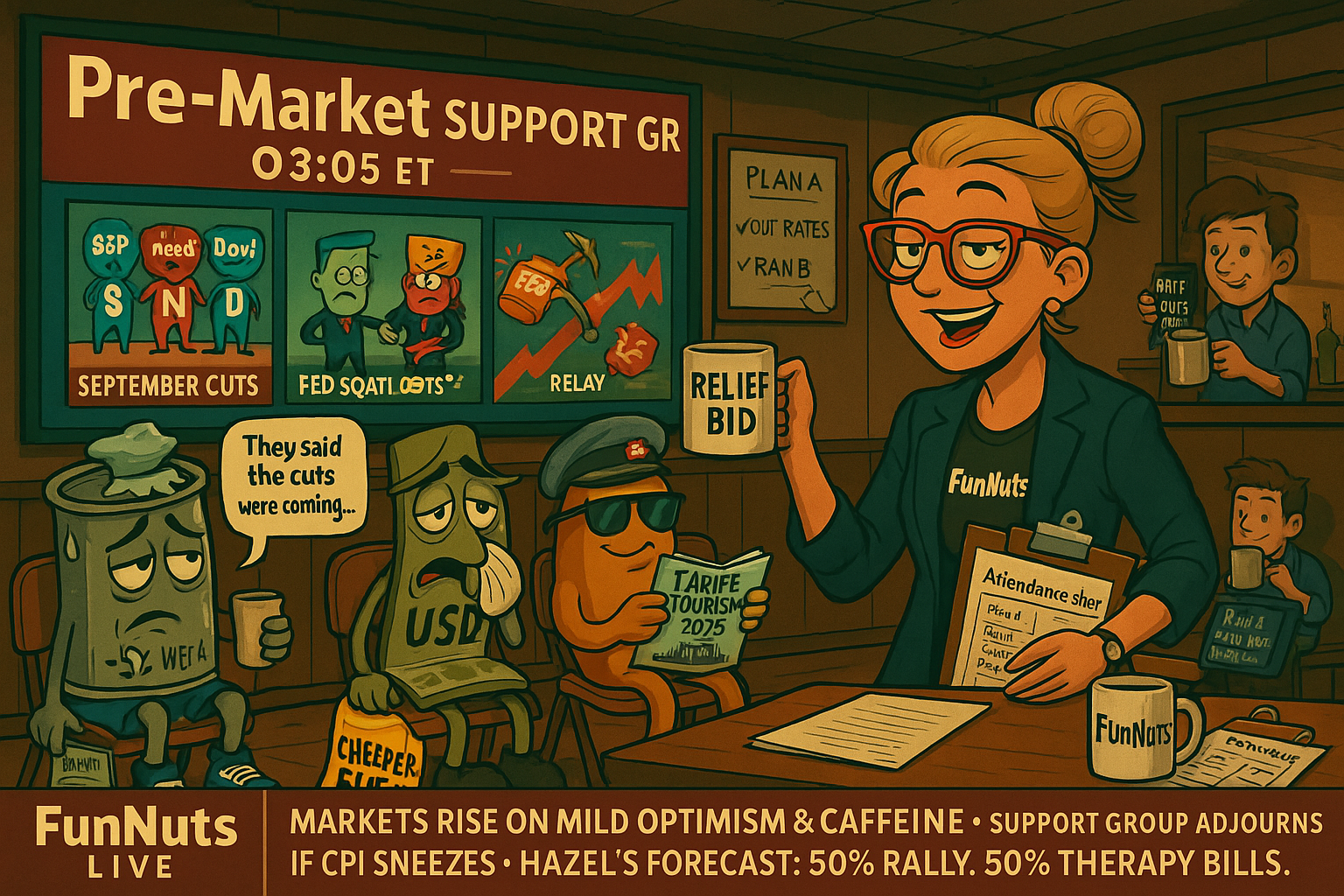 In a satirical newsroom scene, Hazel hosts a “Pre-Market Support Group” at 03:05 ET. An oil barrel sits slumped with an ice pack, a dollar bill mopes with tissues, a gold bar lounges smugly in a Swiss beret, and a transport truck eats cake labeled “Cheaper Fuel.” Behind them, a monitor shows cartoon market graphics, and a ticker runs sarcastic headlines. The room is packed with tiny comedic details poking fun at the morning market mood.