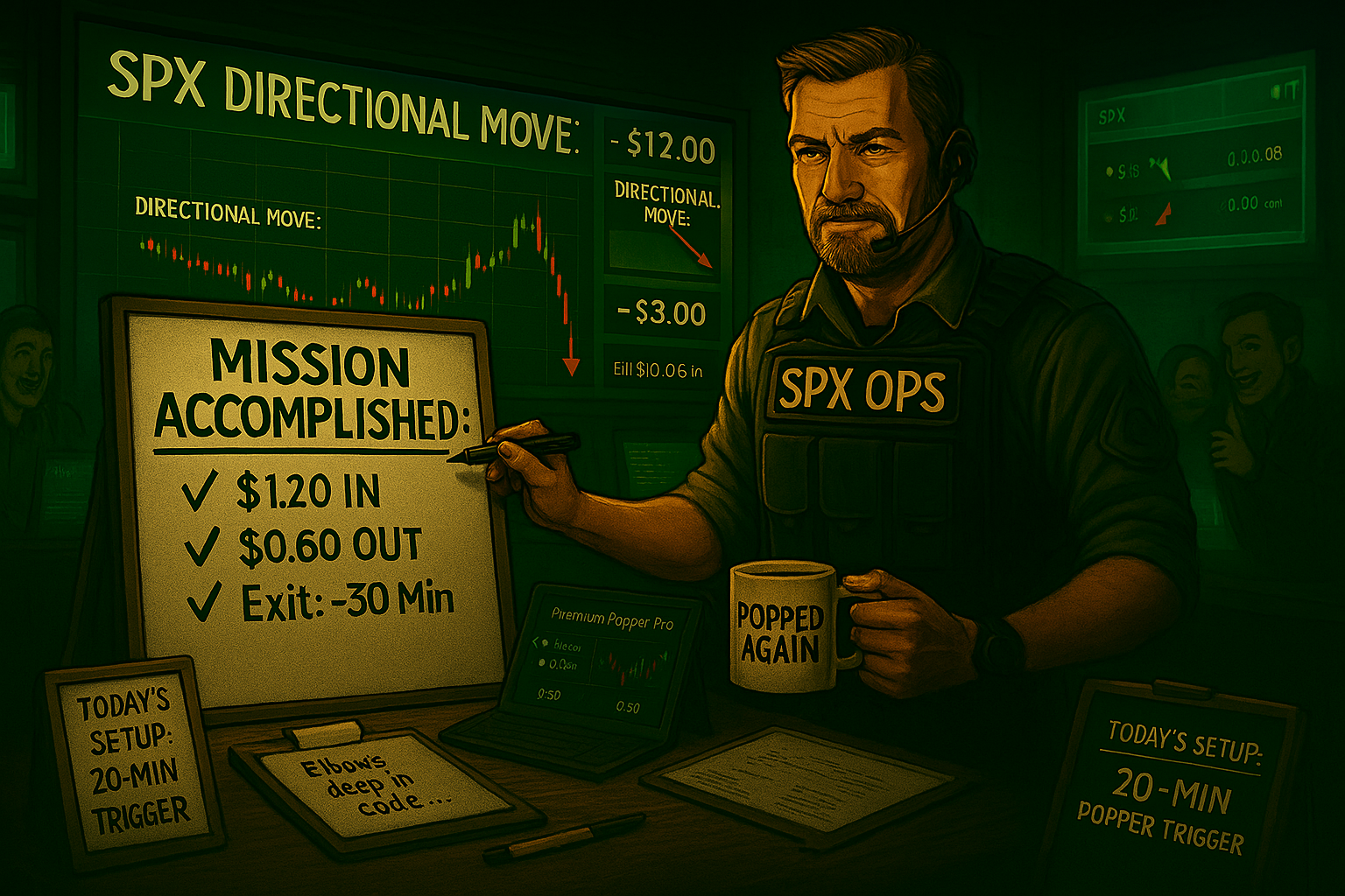 A tactical ops trader in a dark SPX command room updates a whiteboard titled “MISSION ACCOMPLISHED.” The board shows: \$1.25 IN, \$0.60 OUT, ROC: 50%, Exit: \~30 Min. Behind him, a glowing SPX chart highlights the 20-min opening range breakout with a \$12 drop. Fill orders and Premium Popper stats flash on screens. On the desk: a tablet confirms the 20-min candle close, and a coffee mug reads “Popped Again.” Lighting is strategic green with amber accents. Mood: confident, precise, repeatable execution.