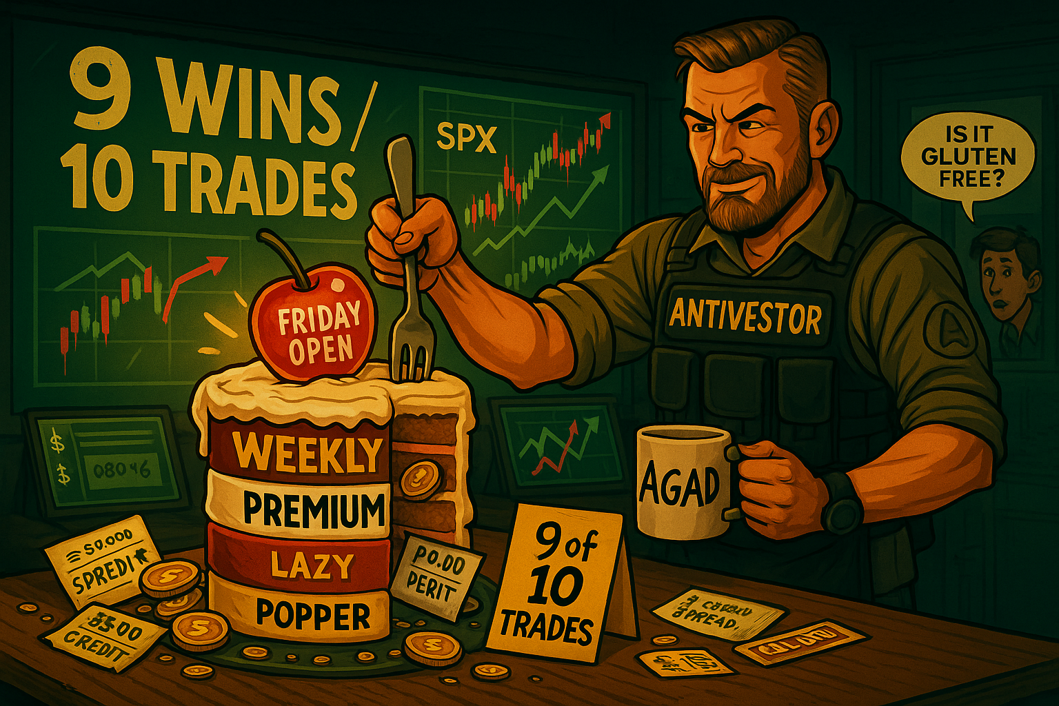 A tactical trader in an AntiVestor-branded apron and vest prepares to stab a giant fork into a towering cake labeled “Weekly Premium.” The cake has layers named “Popper”, “Lazy Popper”, and “Swing Missed”, with a glowing cherry on top labeled “Friday Open.” Coins, credit spread tickets, and a sticky note reading “9 of 10 Trades” spill out the sides. Behind him, a glowing chart shows SPX breakout arrows and a spinning ADD meter. The mood is triumphant parody, the lighting is spotlight-on-dessert. Palette: golds, reds, parchment, tactical greys.