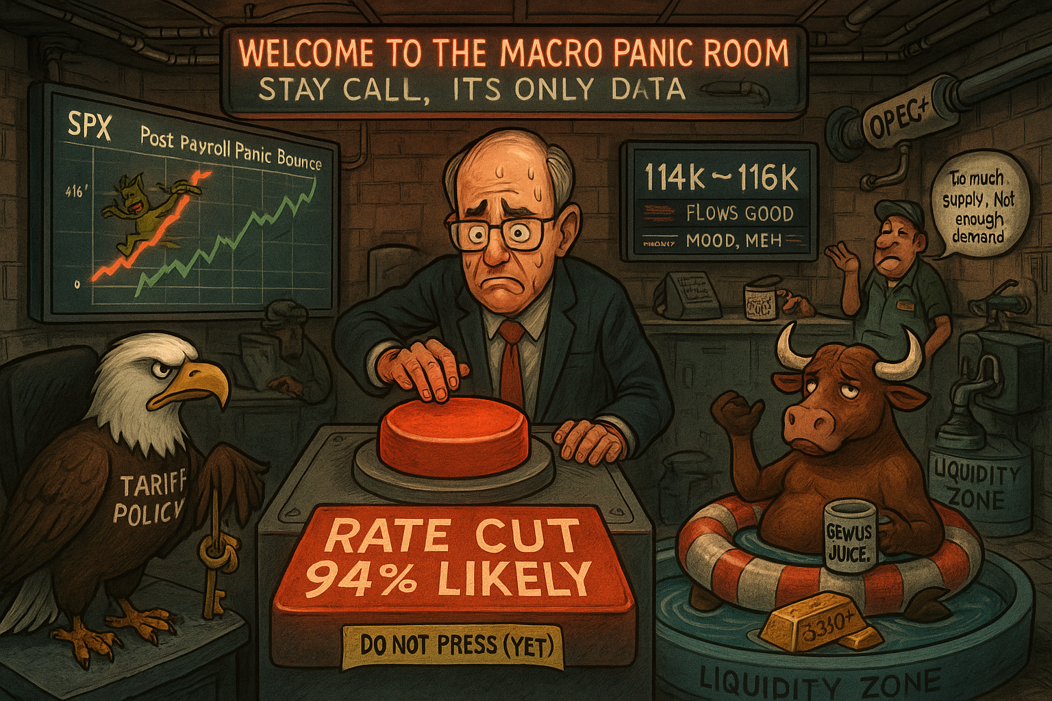 Cartoon trader wraps hands like a boxer in a trading locker room, SPX chart behind shows bullish flip, bull and bear argue at price zone, mindset log and “Premium Popper Fuel” mug nearby.