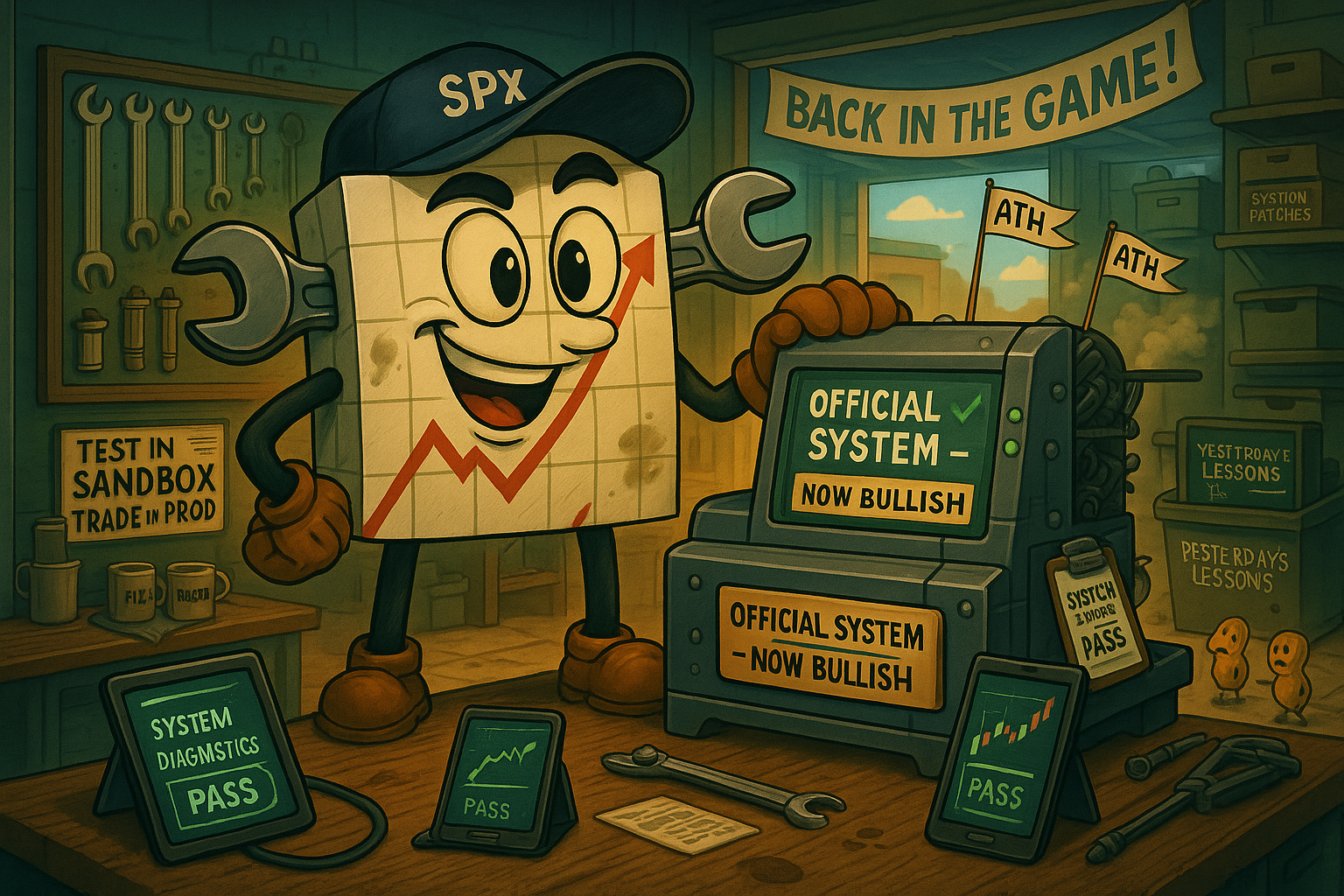 Mr SPX in organized workshop with repaired trading system showing bullish signals and mobile-ready tools