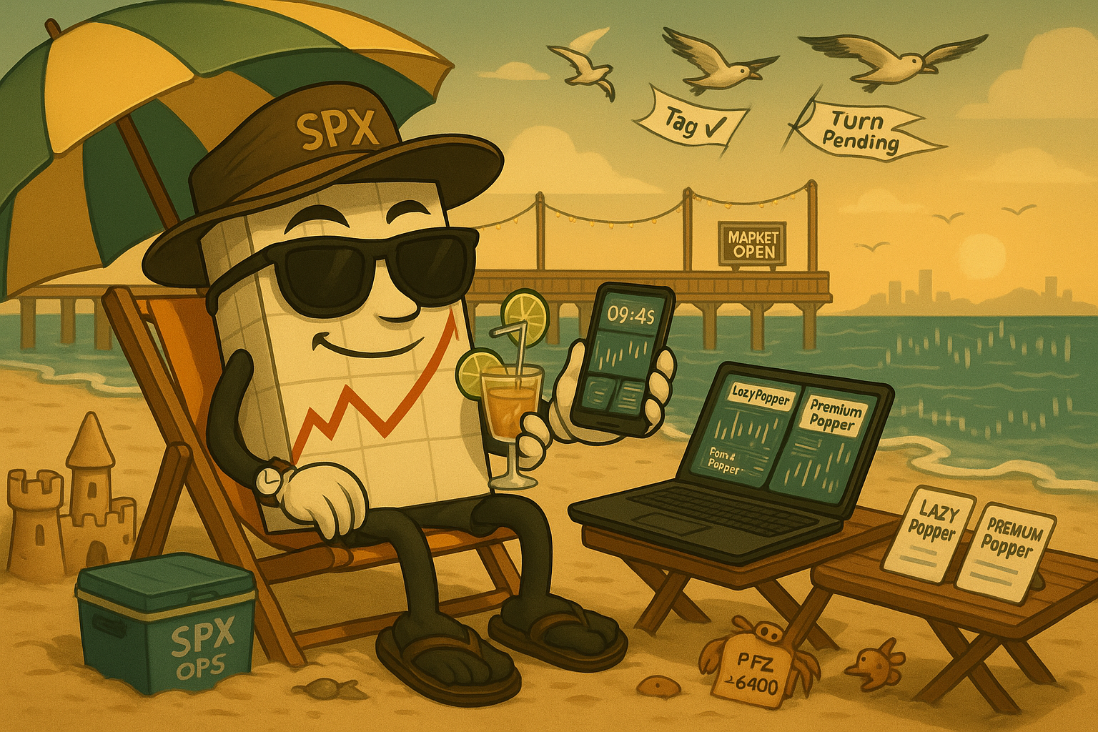 Mr SPX trading systematically from beach setup with pier and arcade lights in background