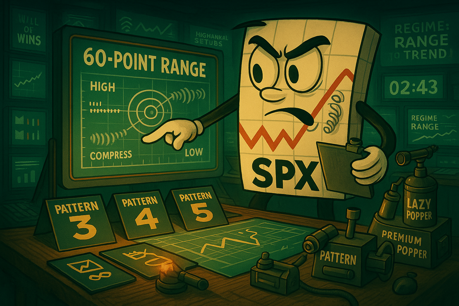 Mr SPX as tactical commander planning deployment of mechanical patterns across a compressed range map, with glowing strategy markers and popper tools ready for launch.