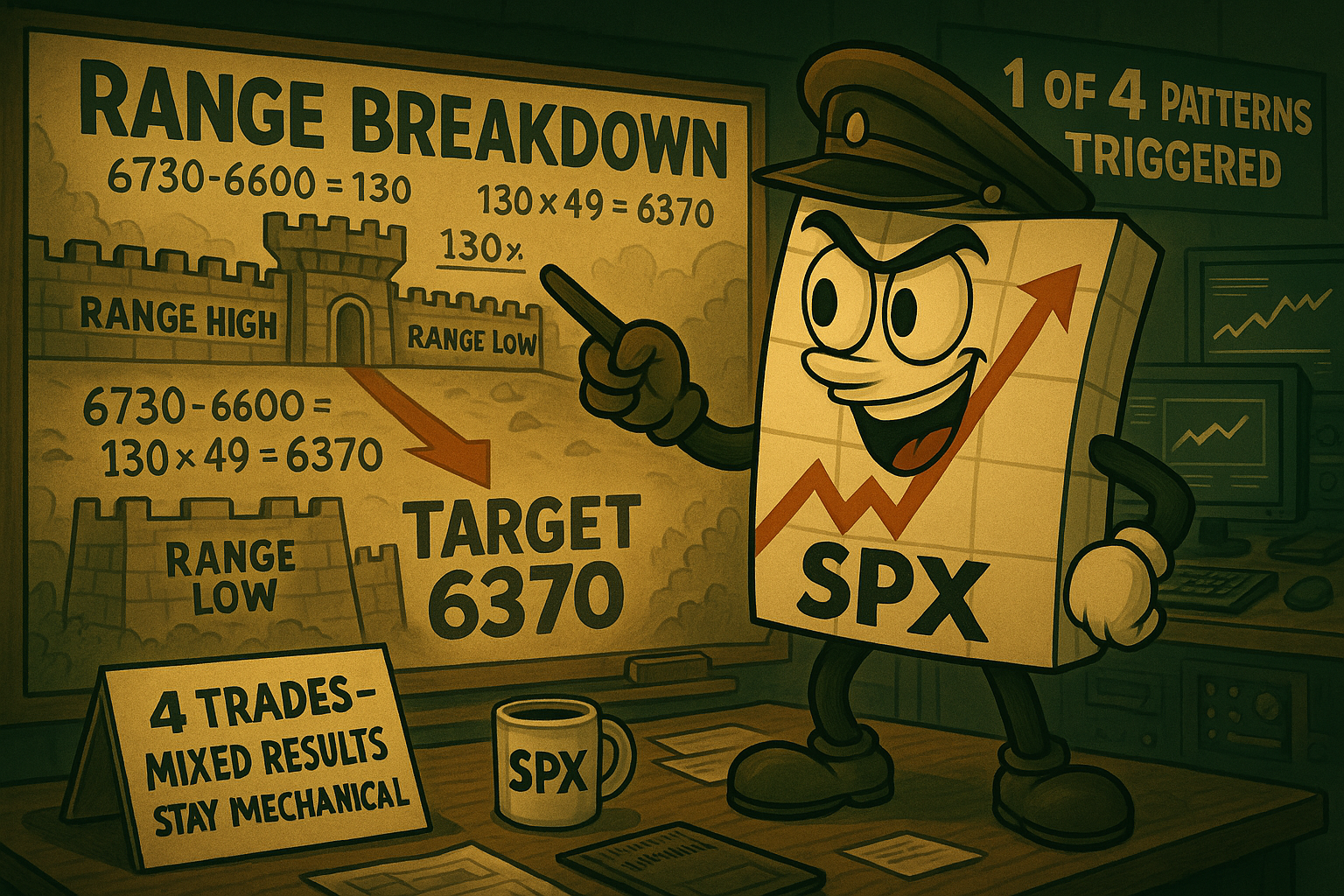 Mr SPX analyzing range breakdown pattern with mathematical target 6370 clearly marked on tactical display